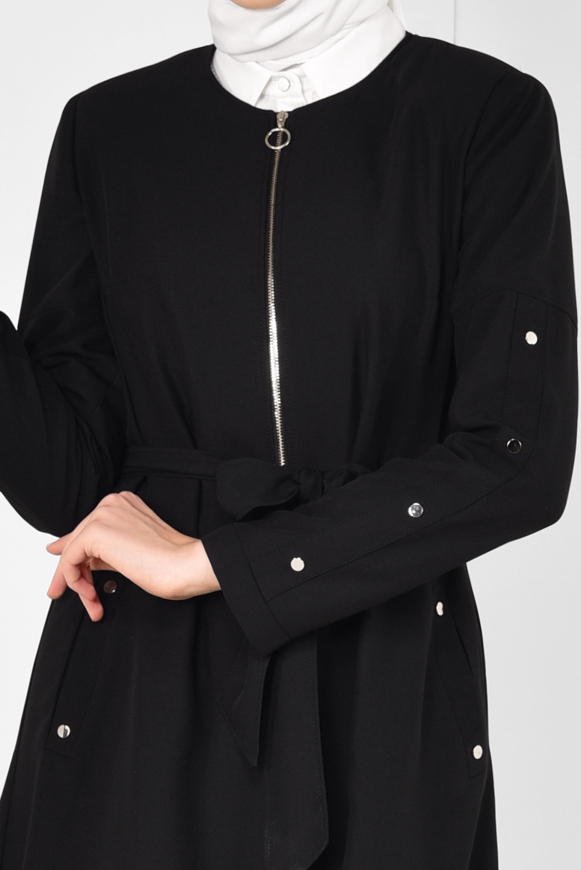 Tesettür giyim SİYAH BELİ KUŞAKLI FERMUARLI TRENÇKOT 1412