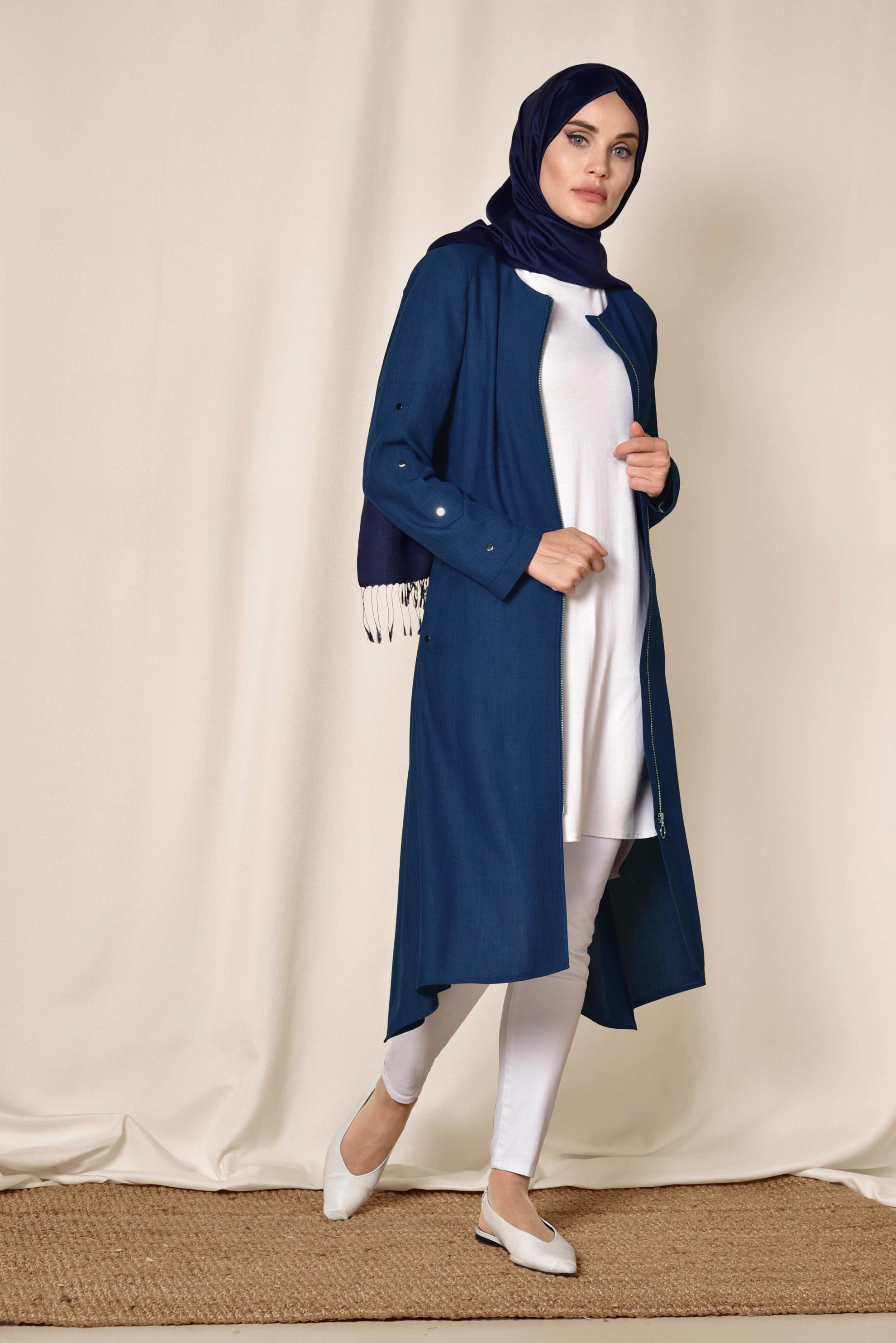 Tesettür giyim LACİVERT BELİ KUŞAKLI FERMUARLI TRENÇKOT 1412