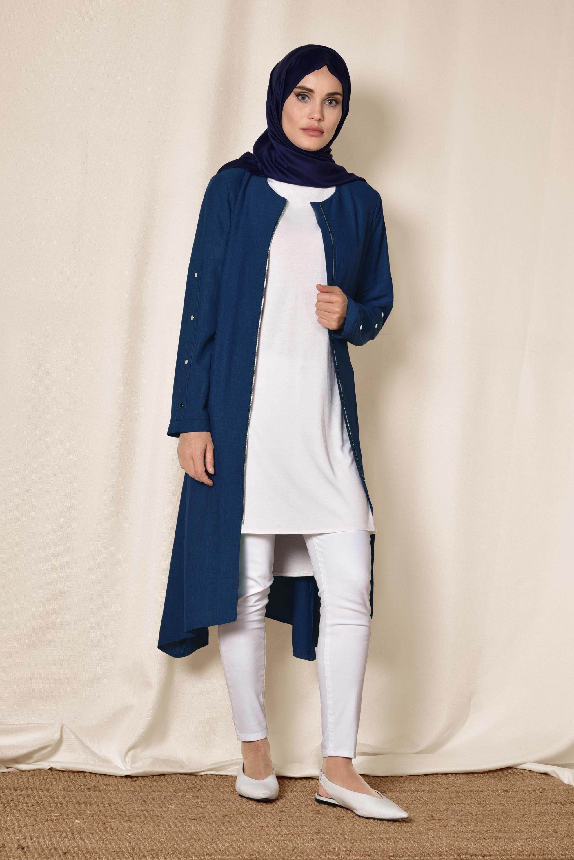 Tesettür giyim LACİVERT BELİ KUŞAKLI FERMUARLI TRENÇKOT 1412