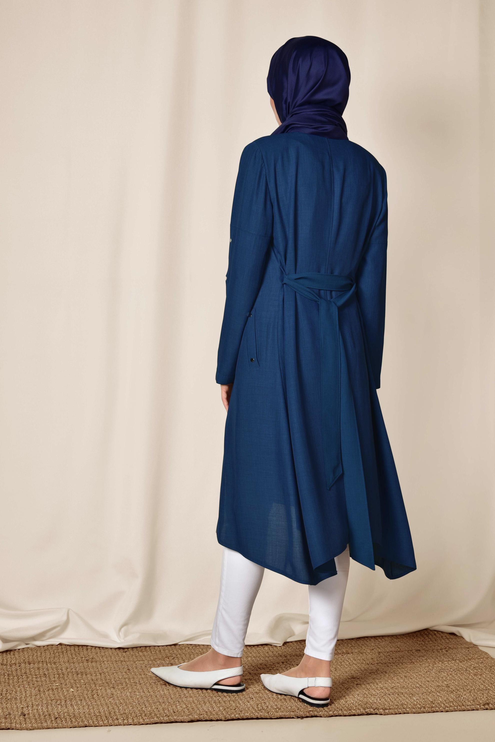 Tesettür giyim LACİVERT BELİ KUŞAKLI FERMUARLI TRENÇKOT 1412