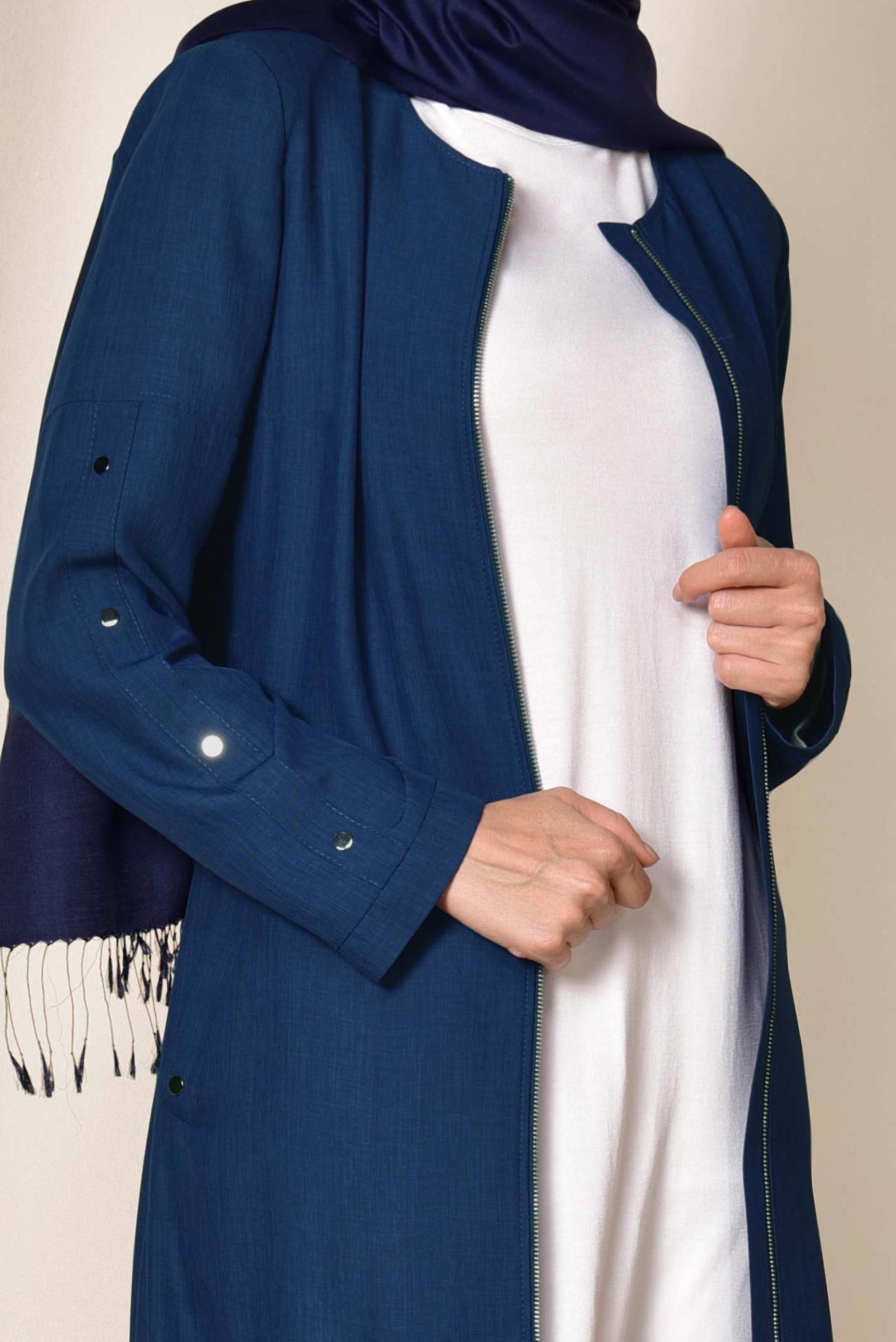 Tesettür giyim LACİVERT BELİ KUŞAKLI FERMUARLI TRENÇKOT 1412