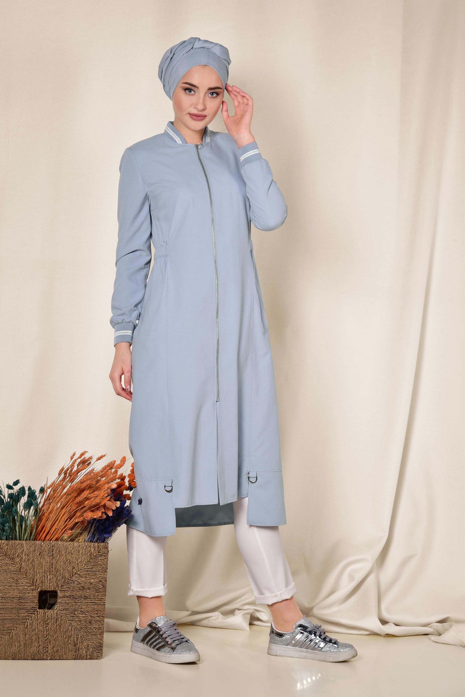 Tesettür giyim MAVİ BELİ BÜZGÜLÜ FERMUARLI TRENÇKOT 1413 