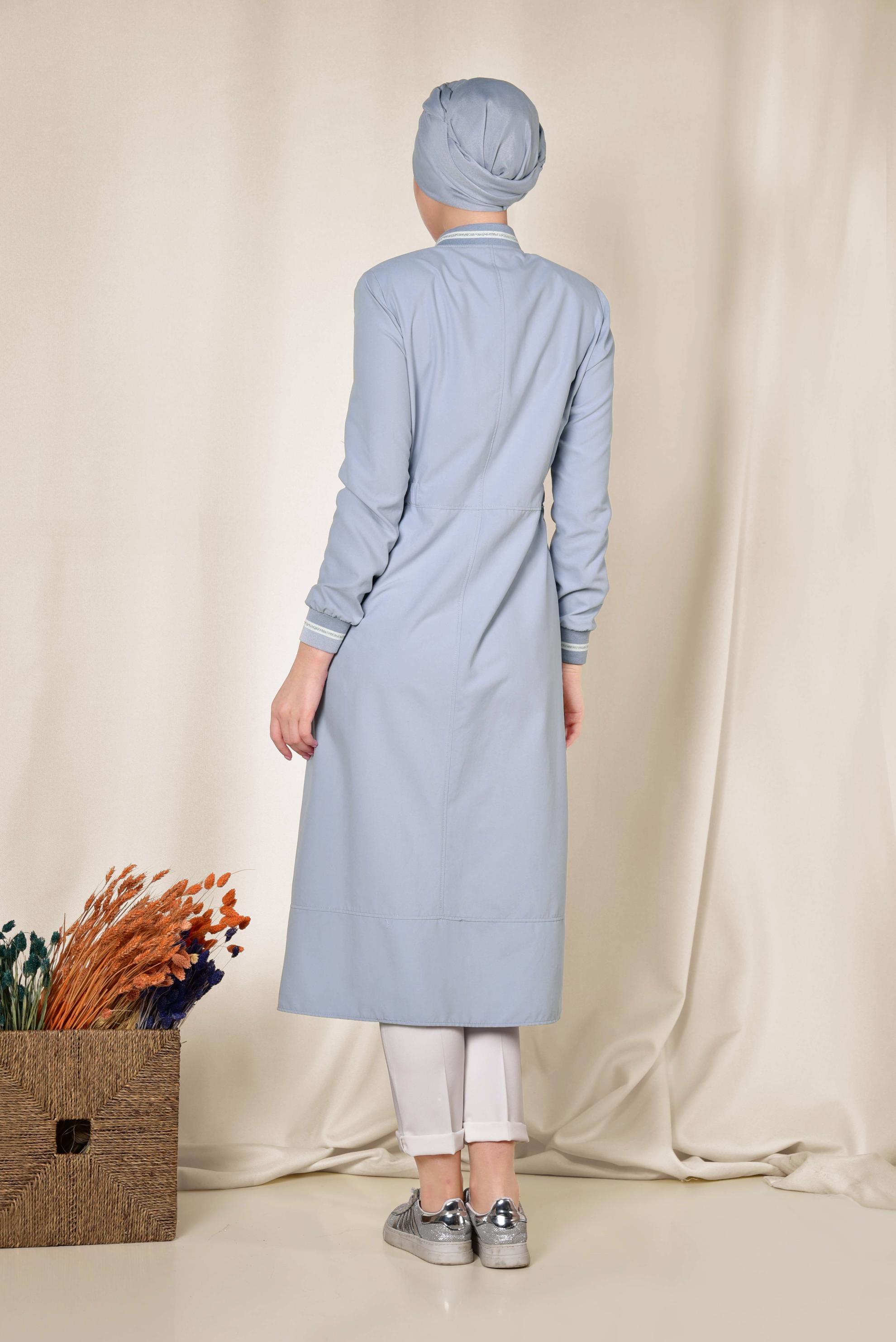 Tesettür giyim MAVİ BELİ BÜZGÜLÜ FERMUARLI TRENÇKOT 1413 