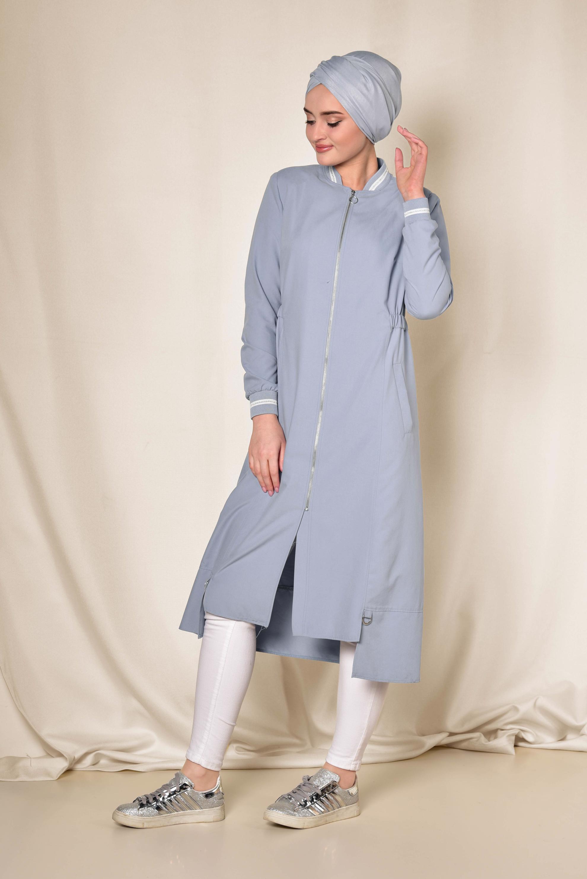 Tesettür giyim GRİ BELİ BÜZGÜLÜ FERMUARLI TRENÇKOT 1413 