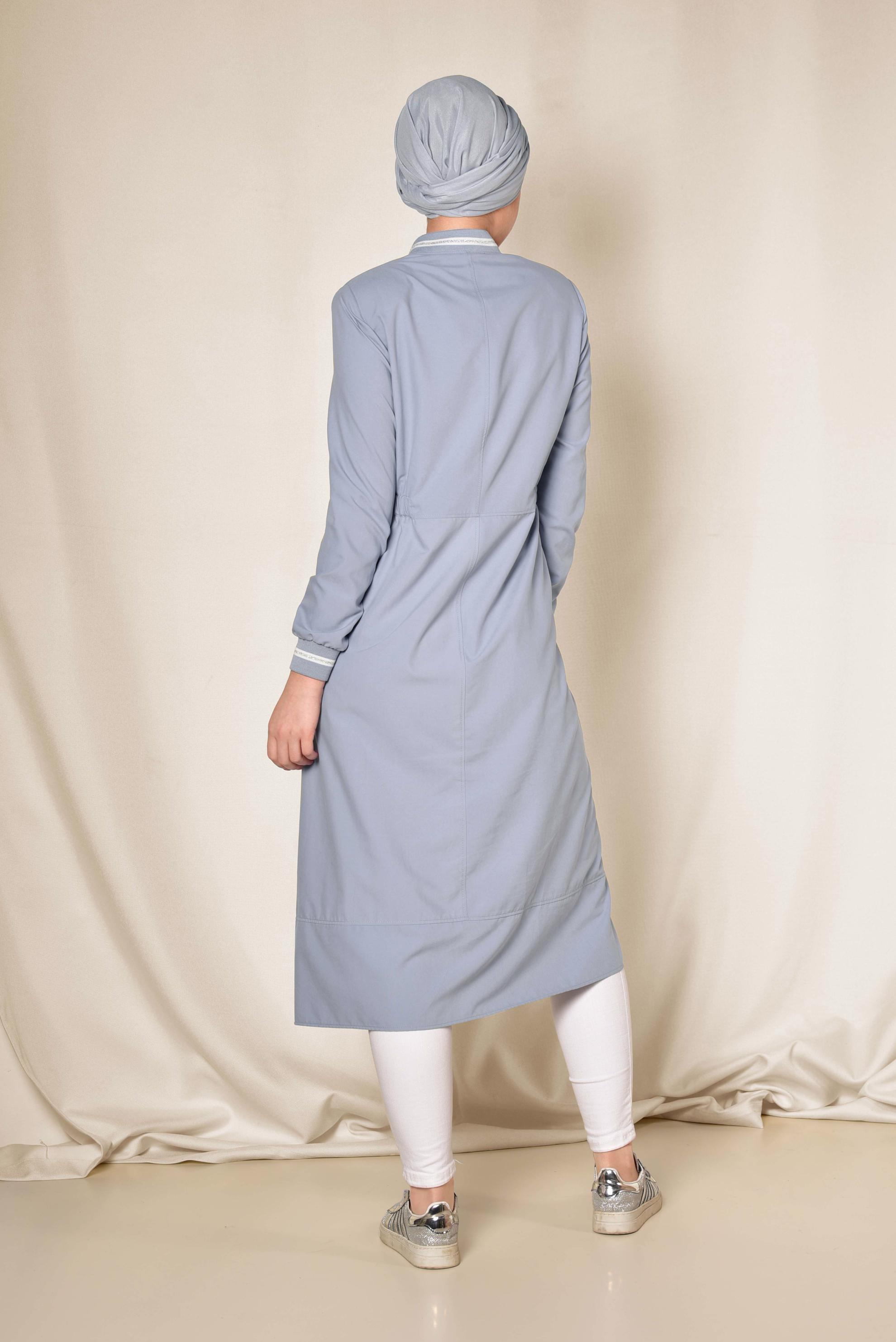 Tesettür giyim GRİ BELİ BÜZGÜLÜ FERMUARLI TRENÇKOT 1413 