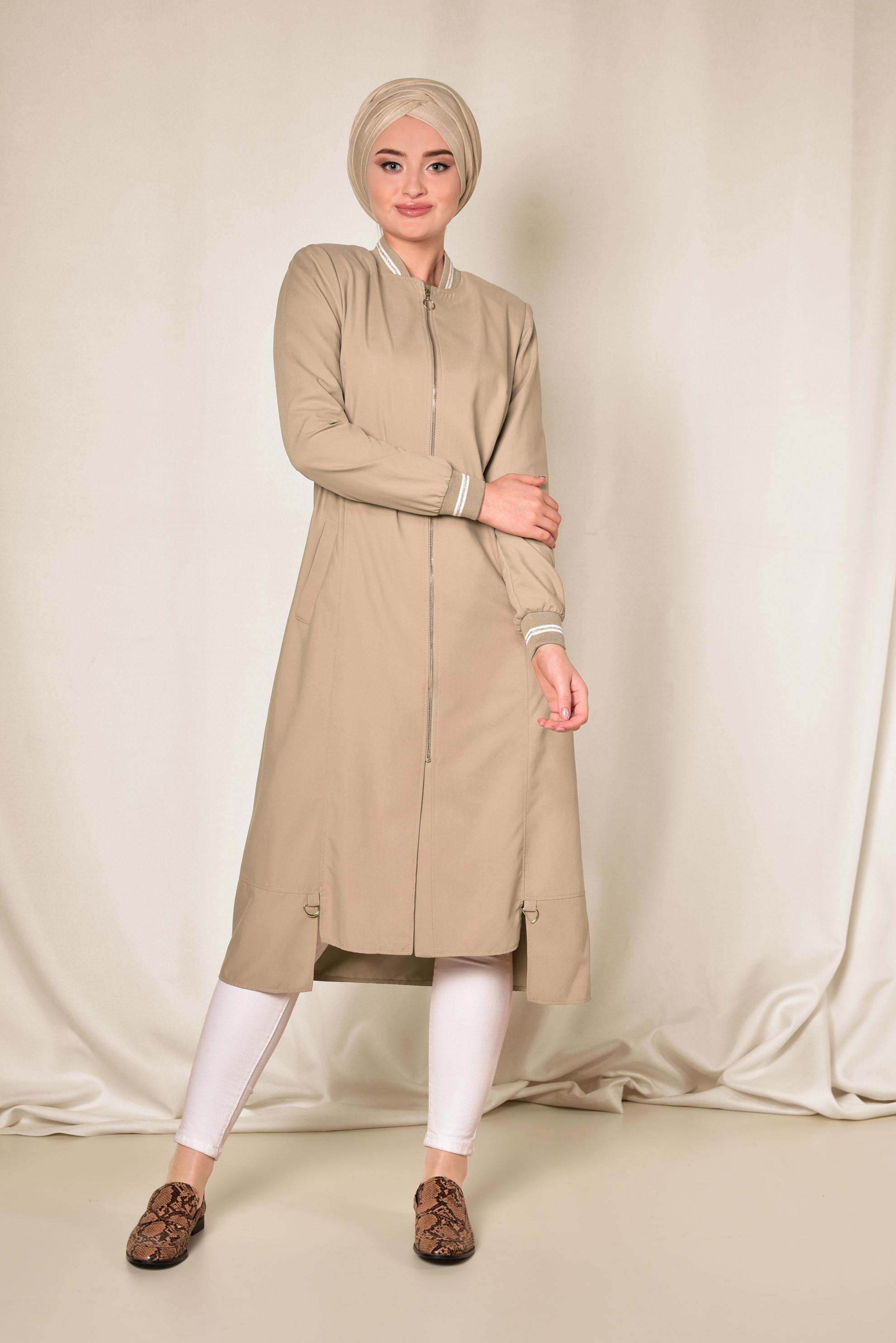 Tesettür giyim KAHVE BELİ BÜZGÜLÜ FERMUARLI TRENÇKOT 1413 