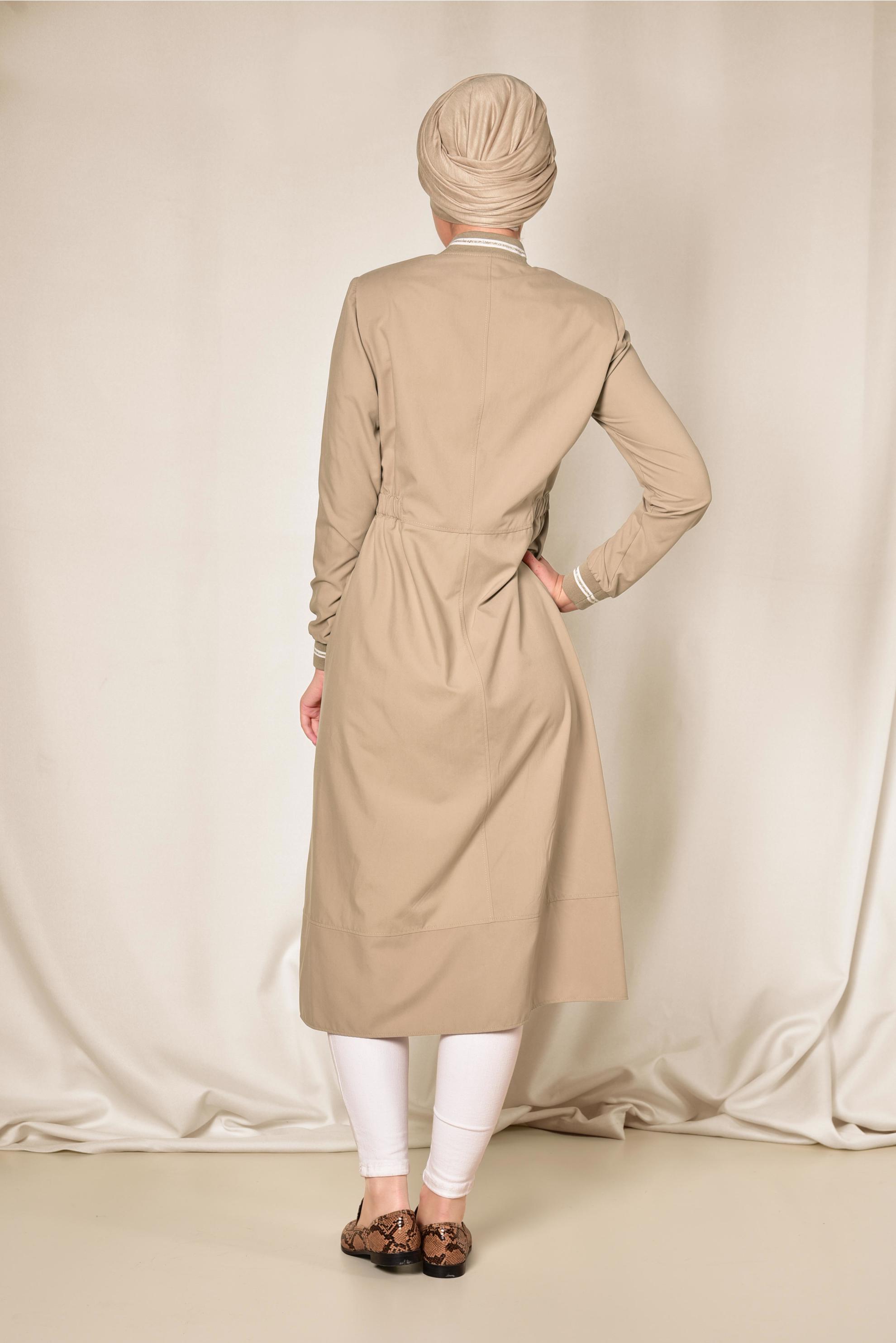 Tesettür giyim KAHVE BELİ BÜZGÜLÜ FERMUARLI TRENÇKOT 1413 