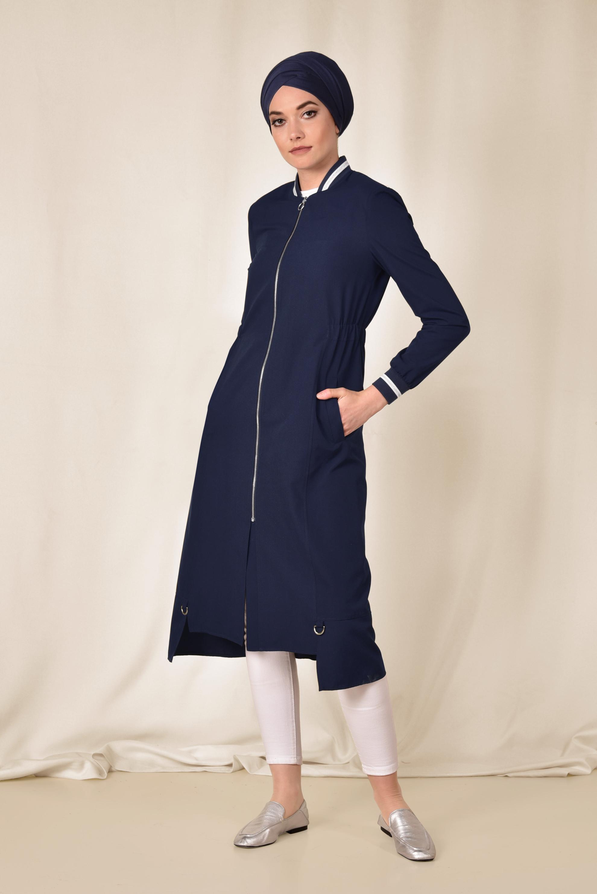 Tesettür giyim LACİVERT BELİ BÜZGÜLÜ FERMUARLI TRENÇKOT 1413 