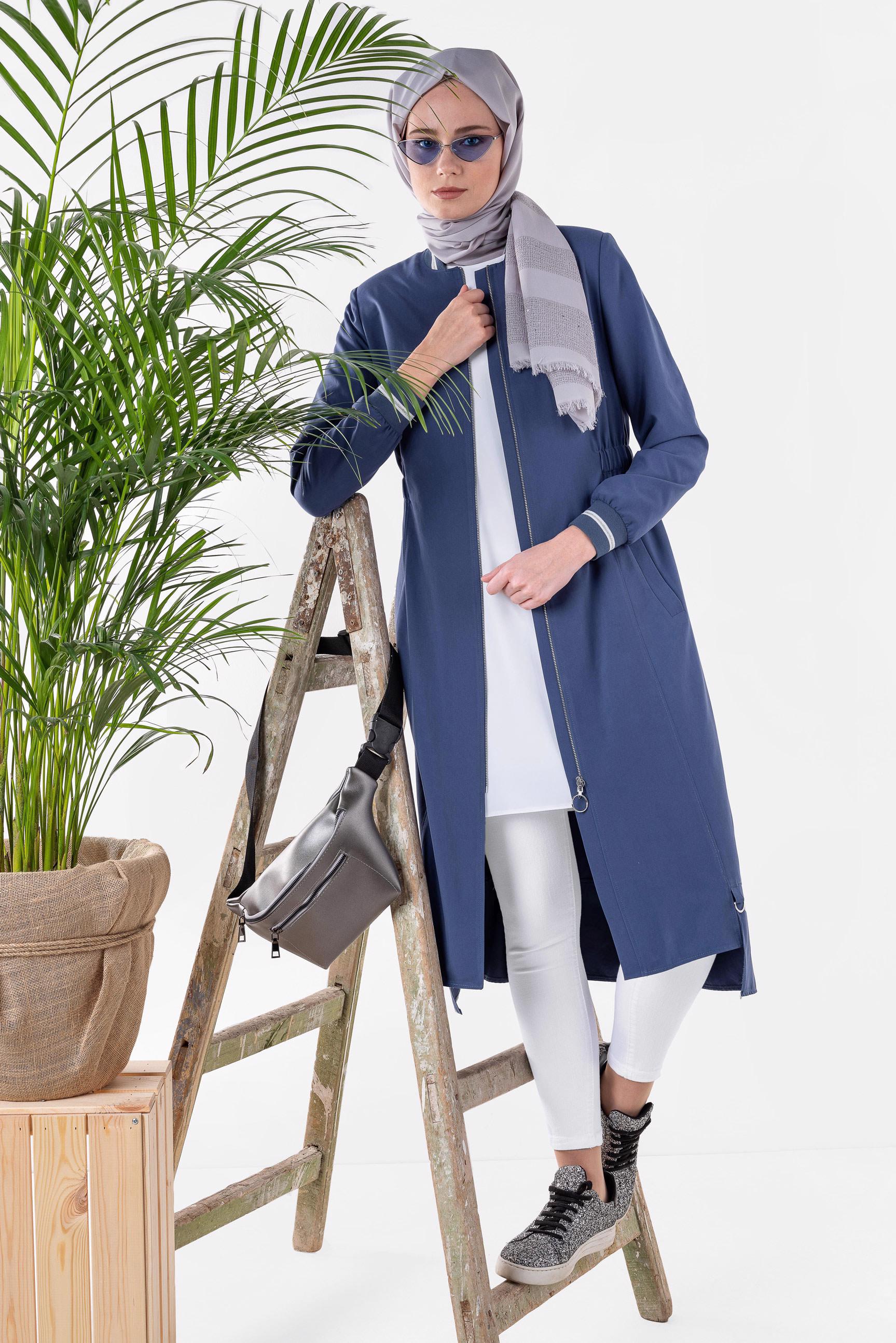 Tesettür giyim LACİVERT BELİ BÜZGÜLÜ FERMUARLI TRENÇKOT 1413 