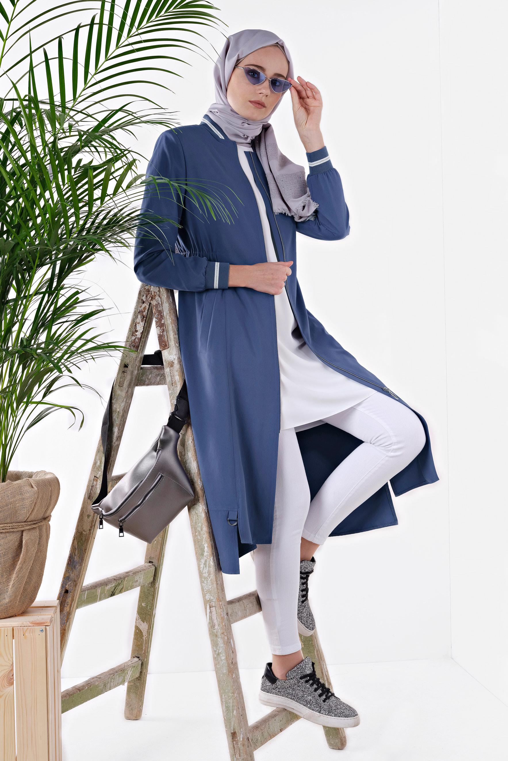 Tesettür giyim LACİVERT BELİ BÜZGÜLÜ FERMUARLI TRENÇKOT 1413 