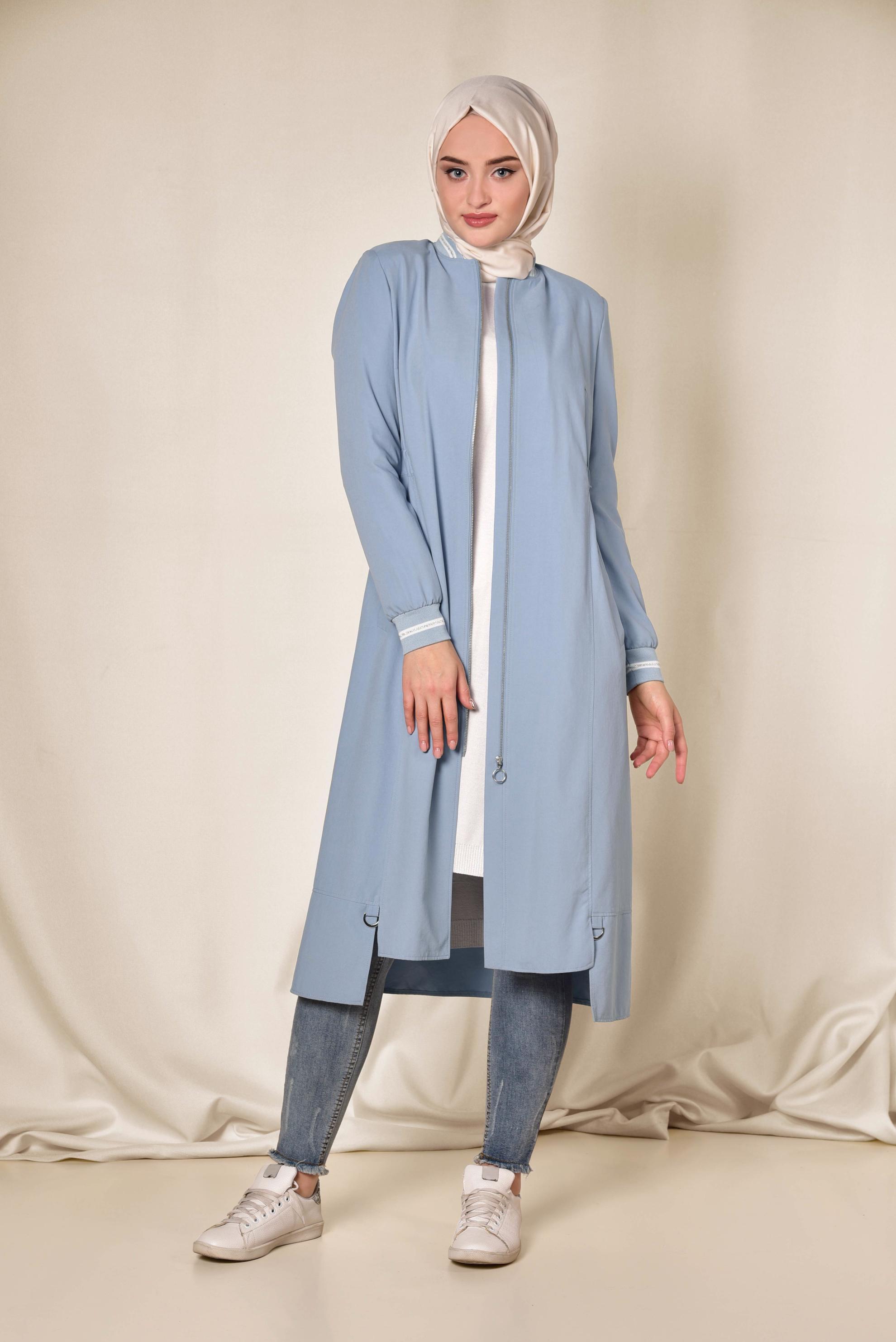 Tesettür giyim MAVİ BELİ BÜZGÜLÜ FERMUARLI TRENÇKOT 1413 