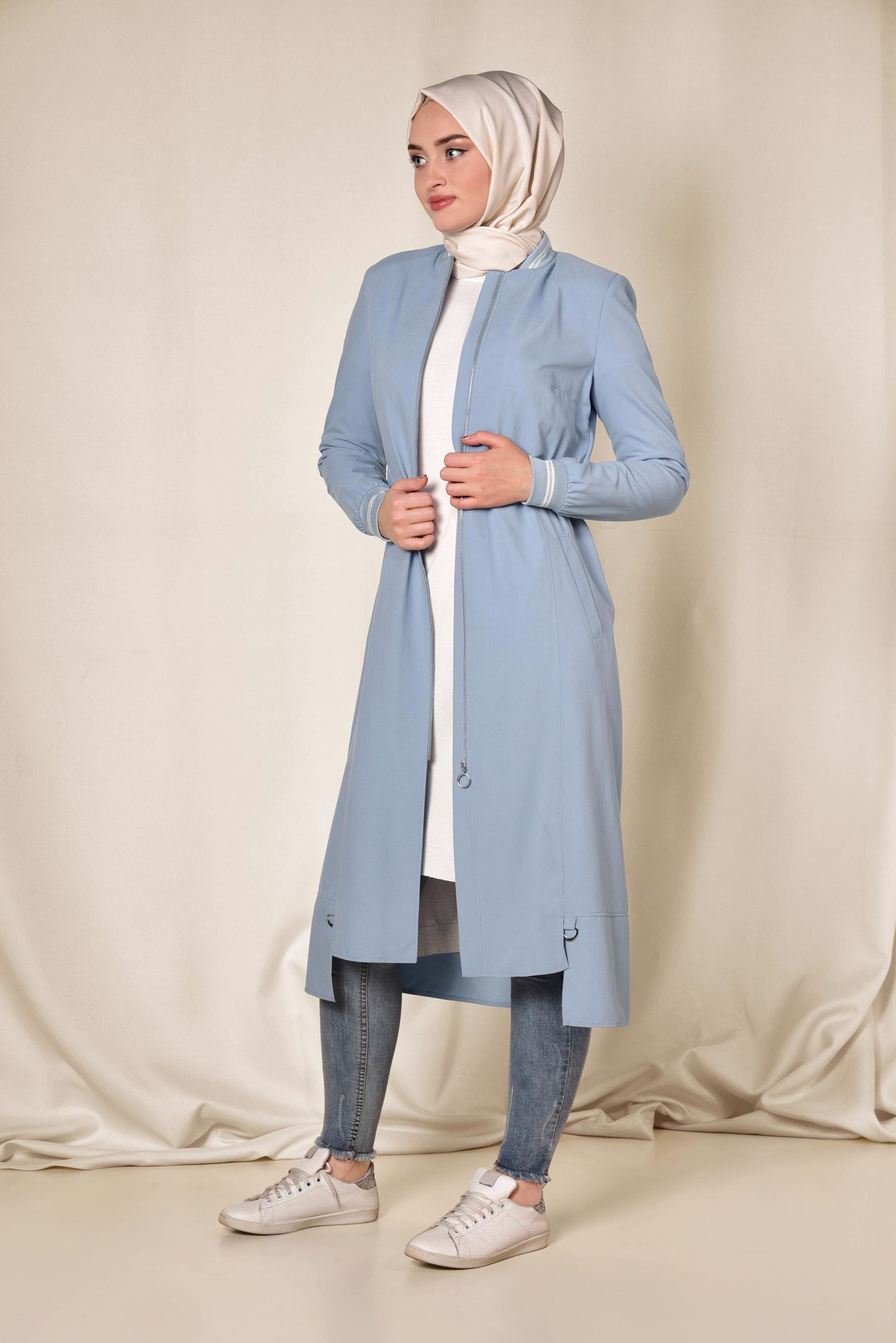 Tesettür giyim MAVİ BELİ BÜZGÜLÜ FERMUARLI TRENÇKOT 1413 