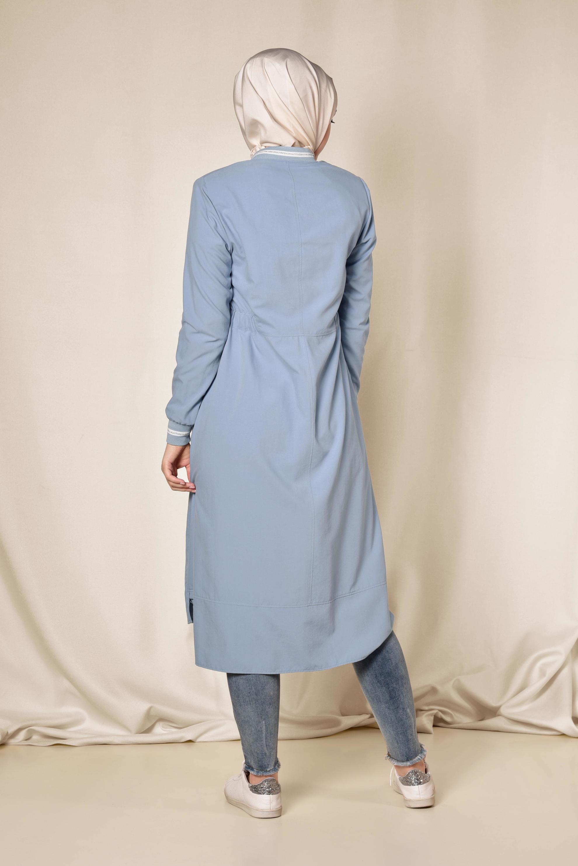 Tesettür giyim MAVİ BELİ BÜZGÜLÜ FERMUARLI TRENÇKOT 1413 