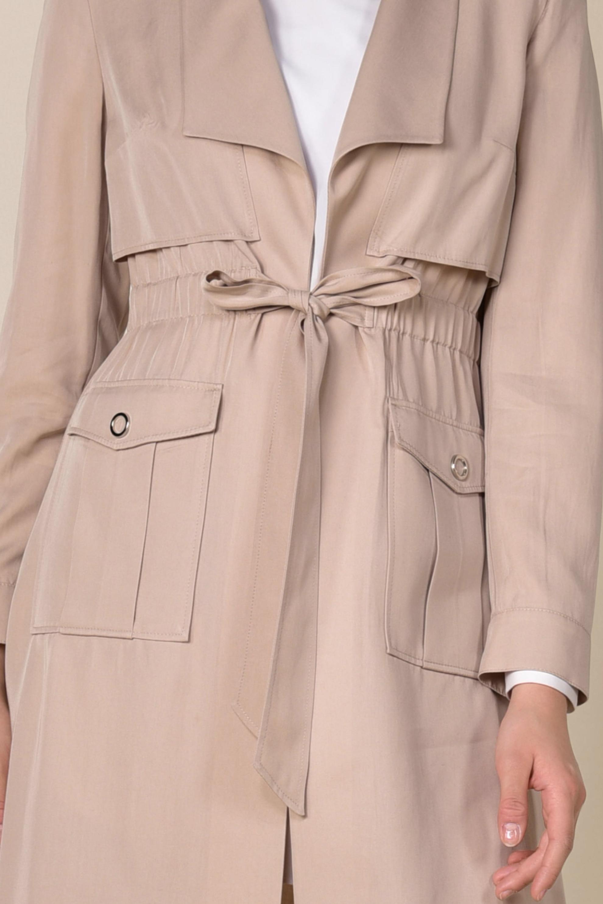 Tesettür giyim EKRU BELİ BAĞCIKLI ASİMETRİK KESİM TENSEL TRENÇKOT 1414