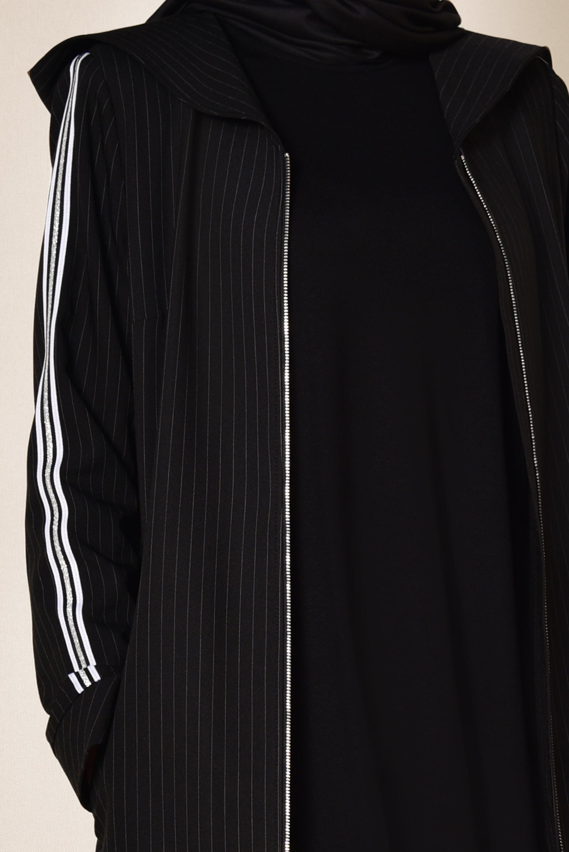 Tesettür giyim SİYAH KOLLARI ŞERİTLİ ÇİZGİ DESENLİ TRENÇKOT 1416