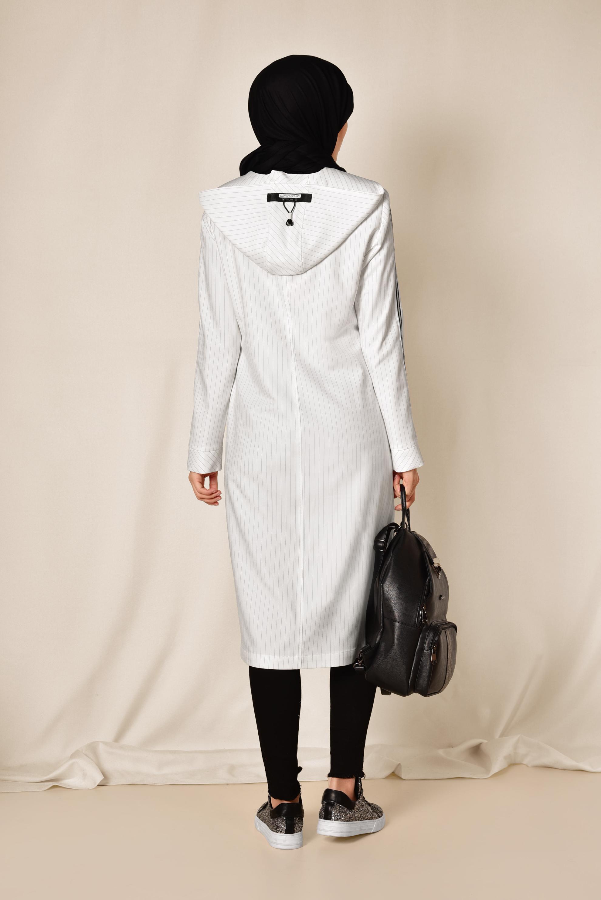 Tesettür giyim BEJ KOLLARI ŞERİTLİ ÇİZGİ DESENLİ TRENÇKOT 1416