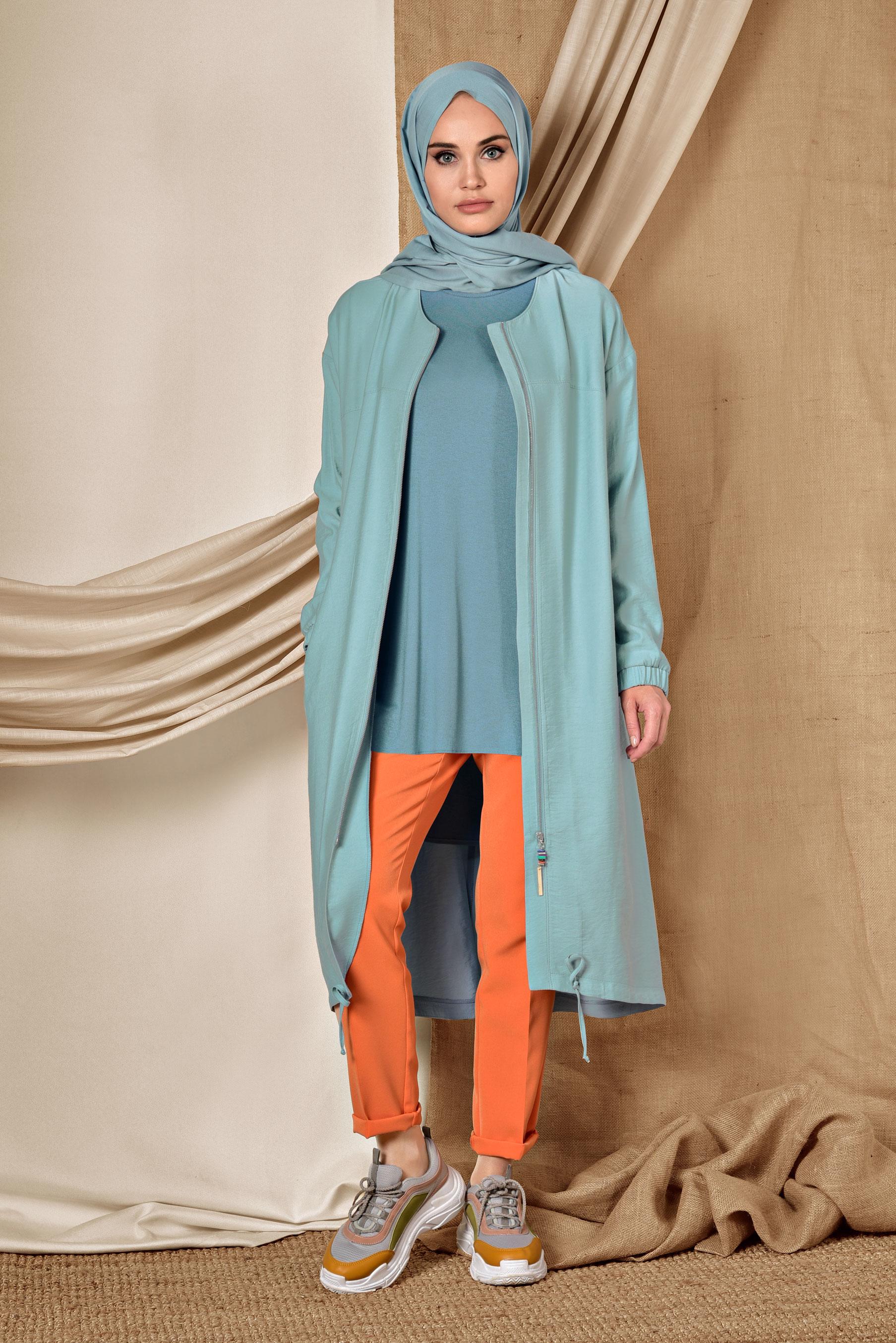 Tesettür giyim MAVİ YUVARLAK YAKA FERMUARLI TRENÇKOT 1418