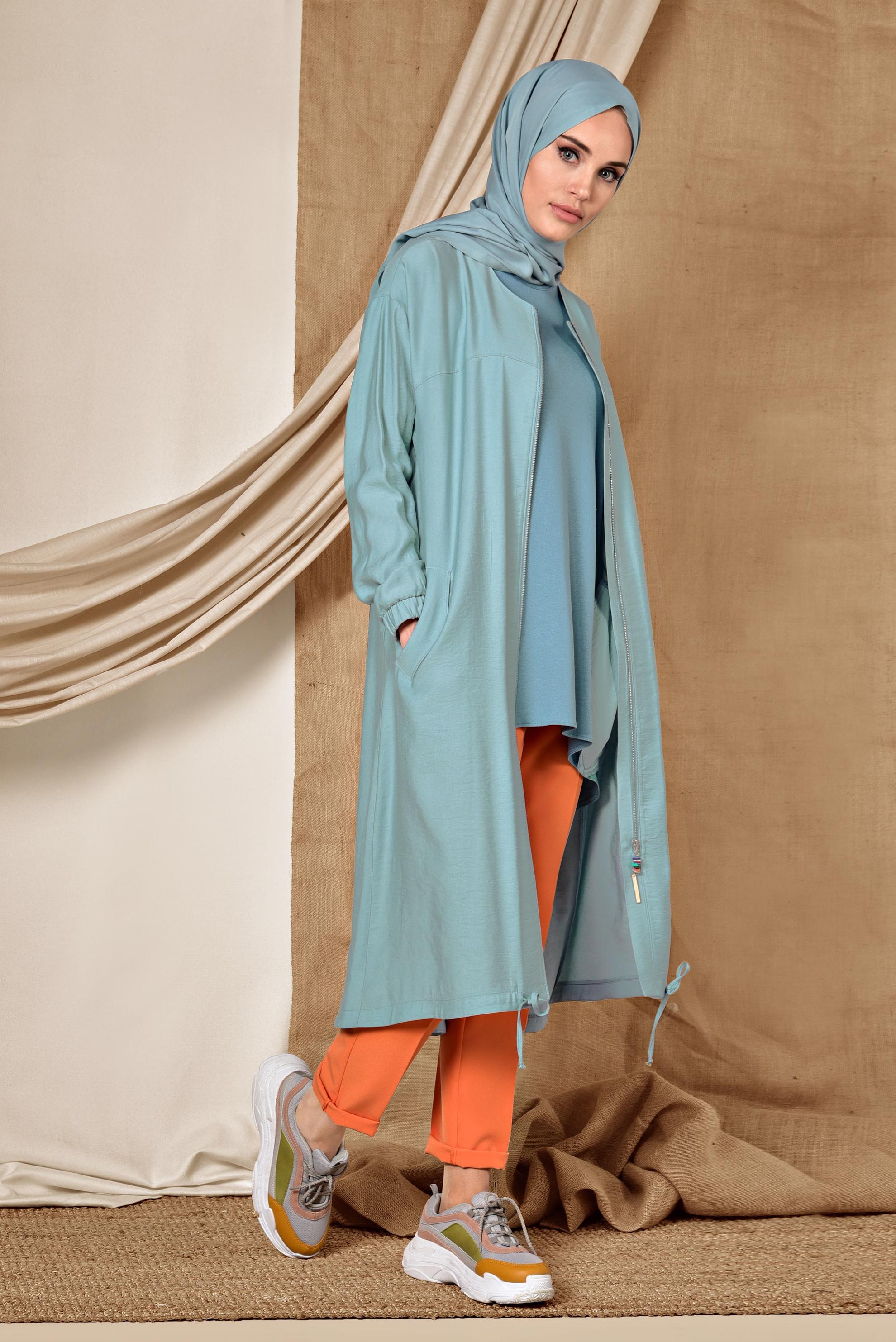 Tesettür giyim MAVİ YUVARLAK YAKA FERMUARLI TRENÇKOT 1418