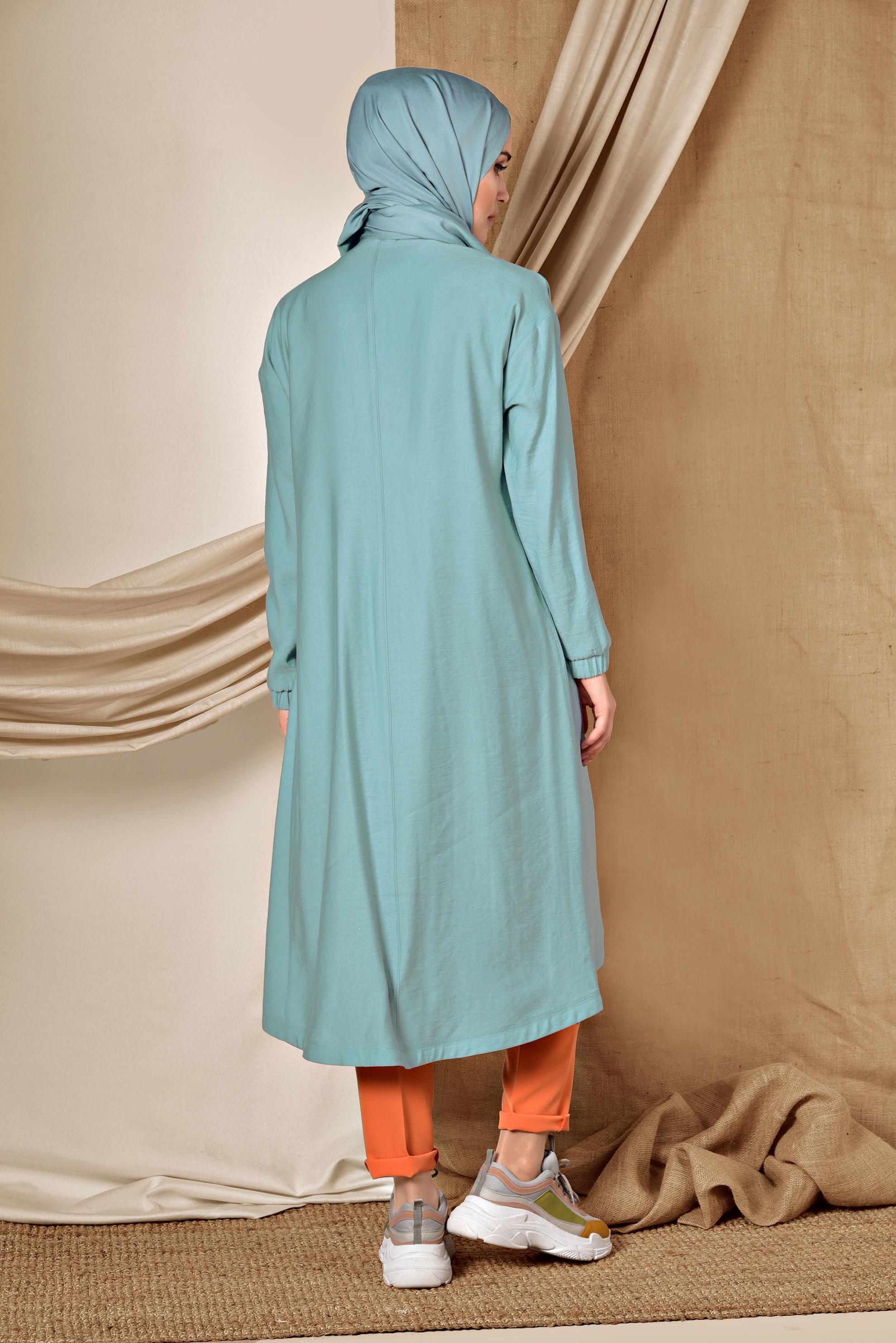 Tesettür giyim MAVİ YUVARLAK YAKA FERMUARLI TRENÇKOT 1418