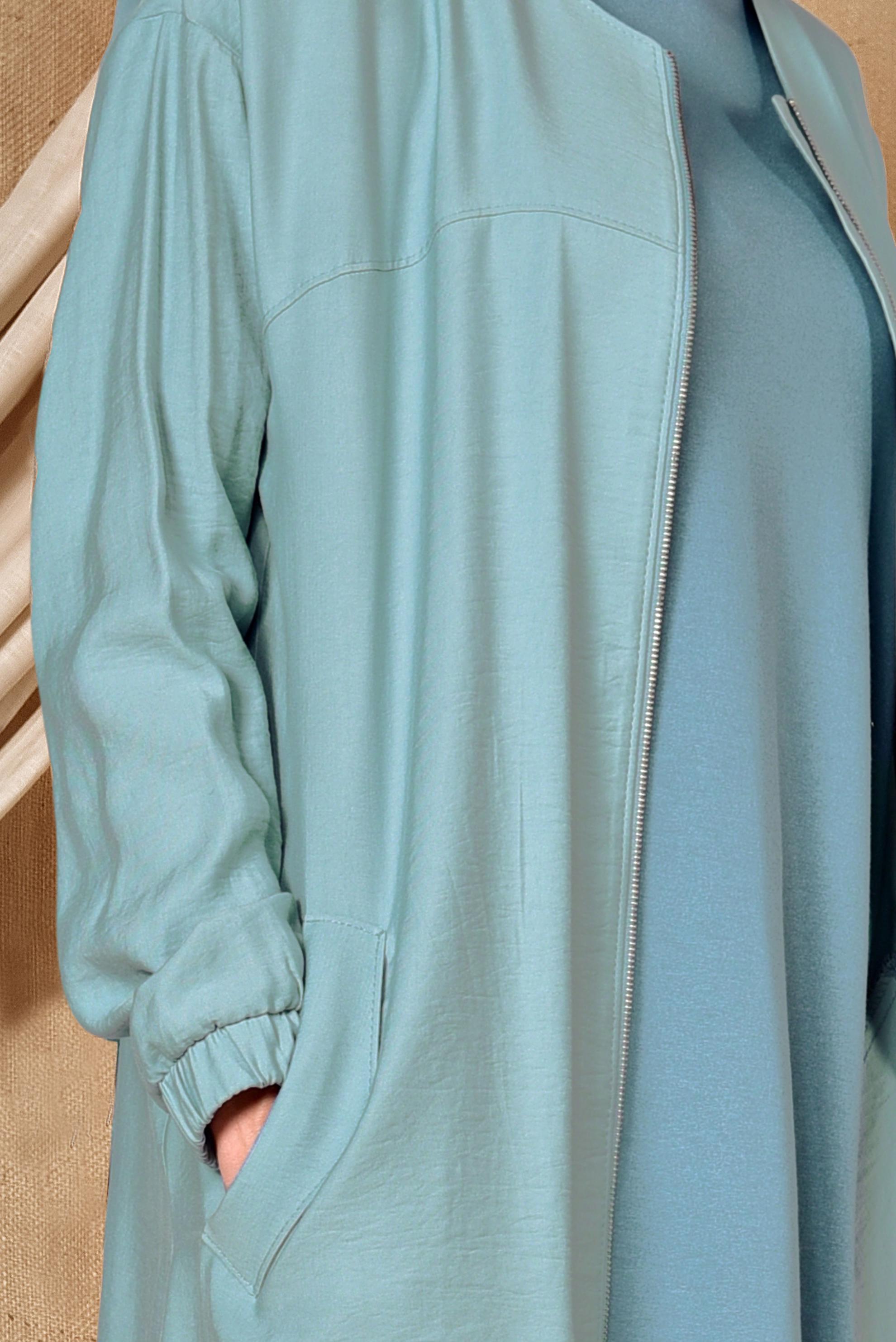 Tesettür giyim MAVİ YUVARLAK YAKA FERMUARLI TRENÇKOT 1418