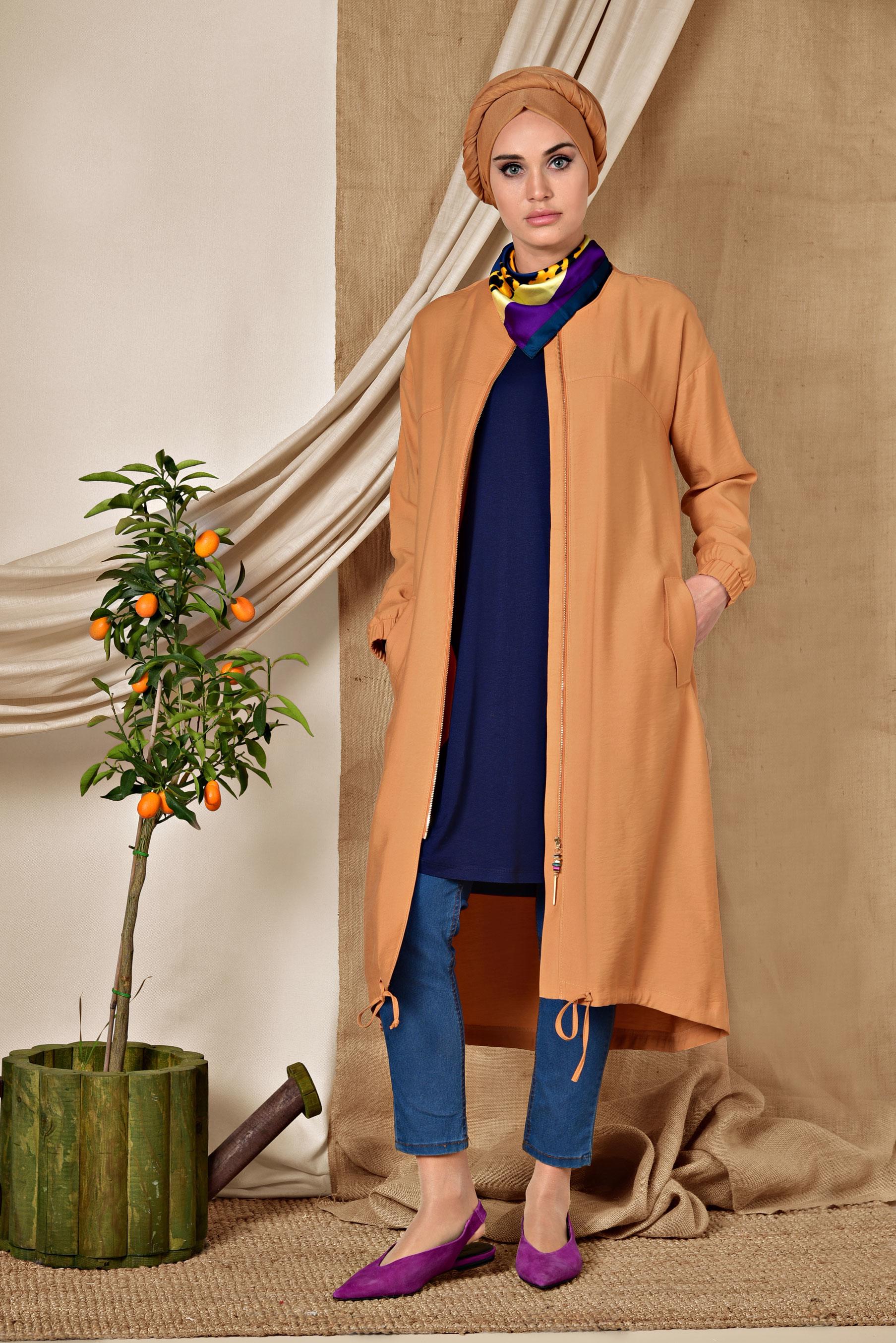 Tesettür giyim TURUNCU YUVARLAK YAKA FERMUARLI TRENÇKOT 1418