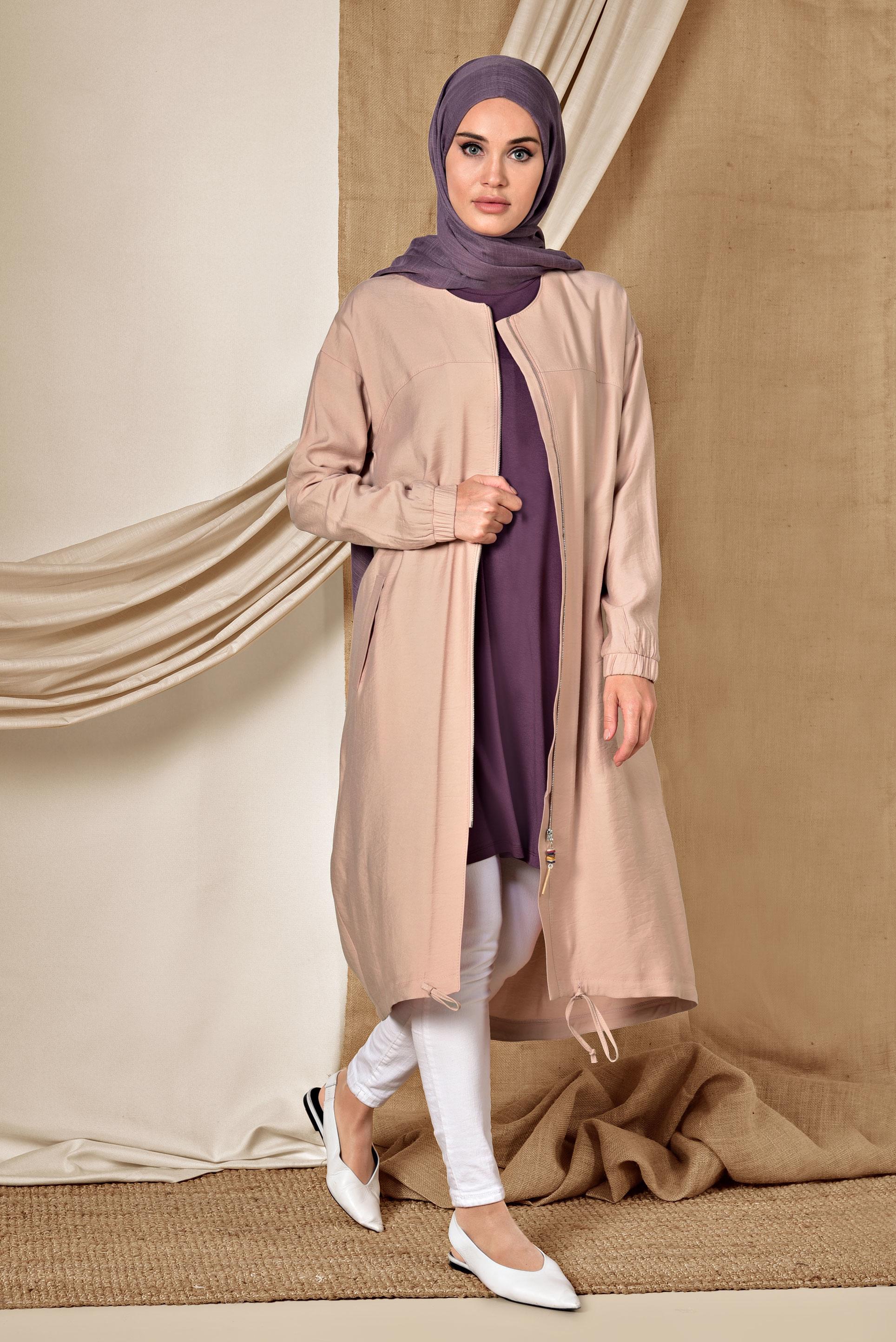 Tesettür giyim PUDRA YUVARLAK YAKA FERMUARLI TRENÇKOT 1418