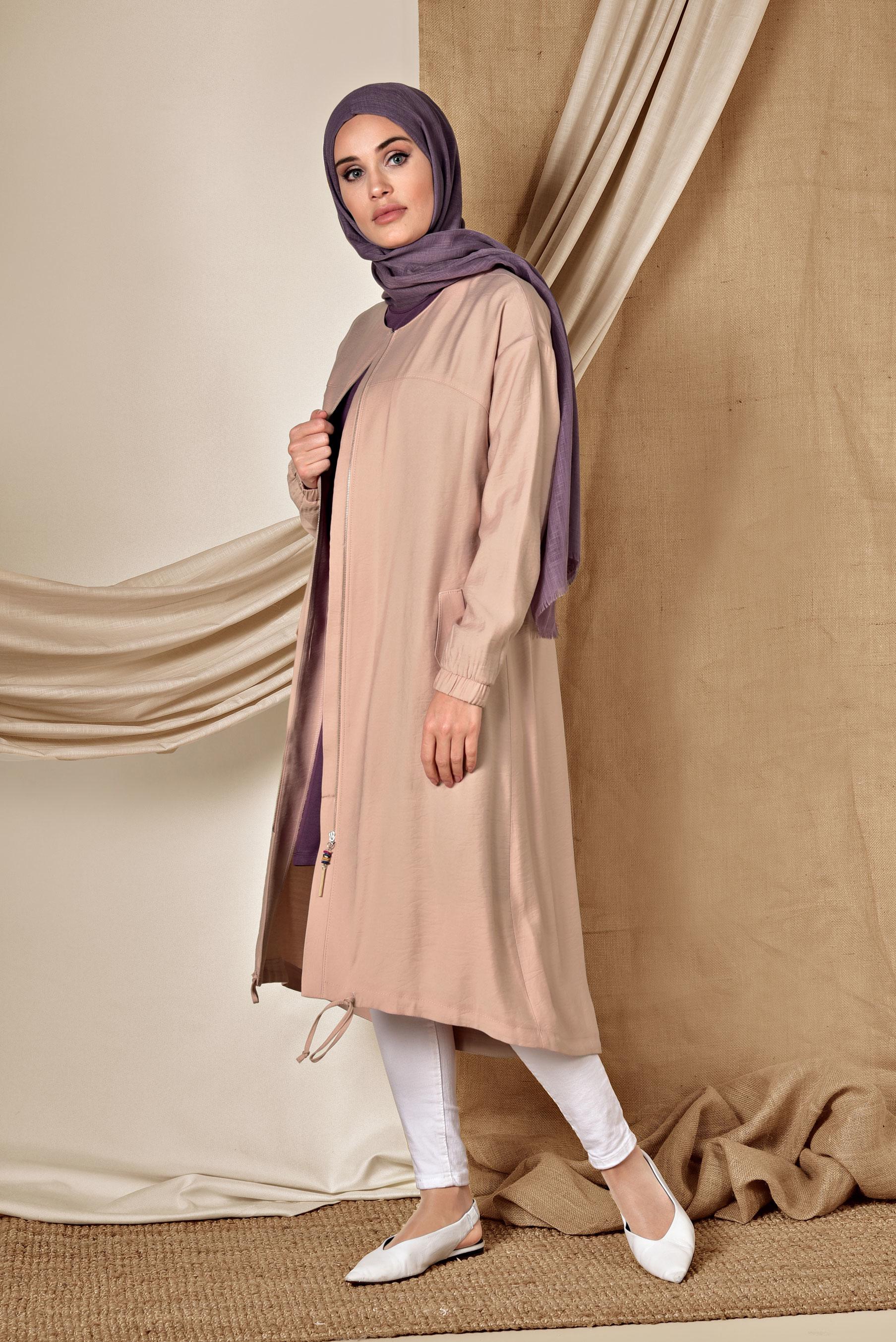 Tesettür giyim PUDRA YUVARLAK YAKA FERMUARLI TRENÇKOT 1418