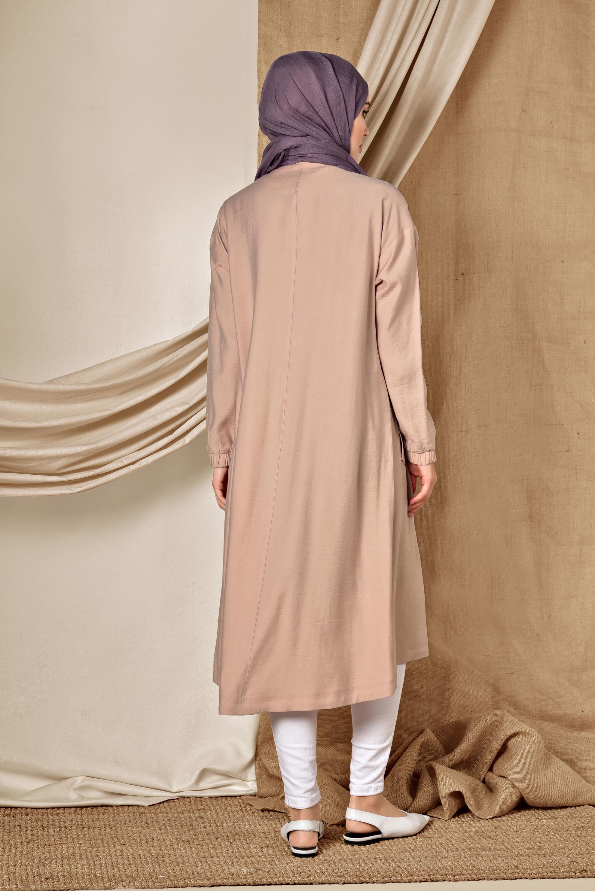 Tesettür giyim PUDRA YUVARLAK YAKA FERMUARLI TRENÇKOT 1418