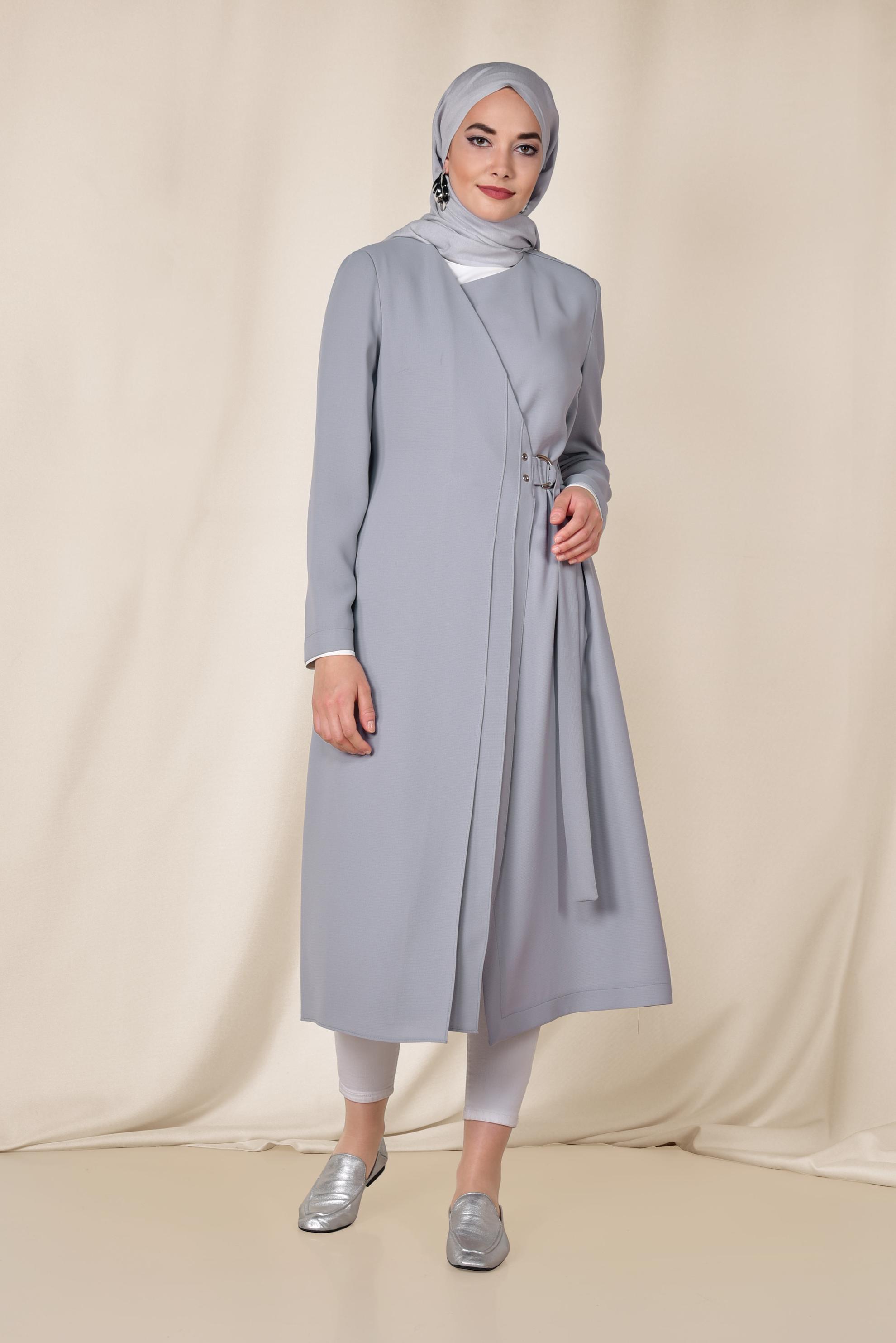Tesettür giyim GRİ KEMERLİ KRUVAZE TRENÇKOT 1419