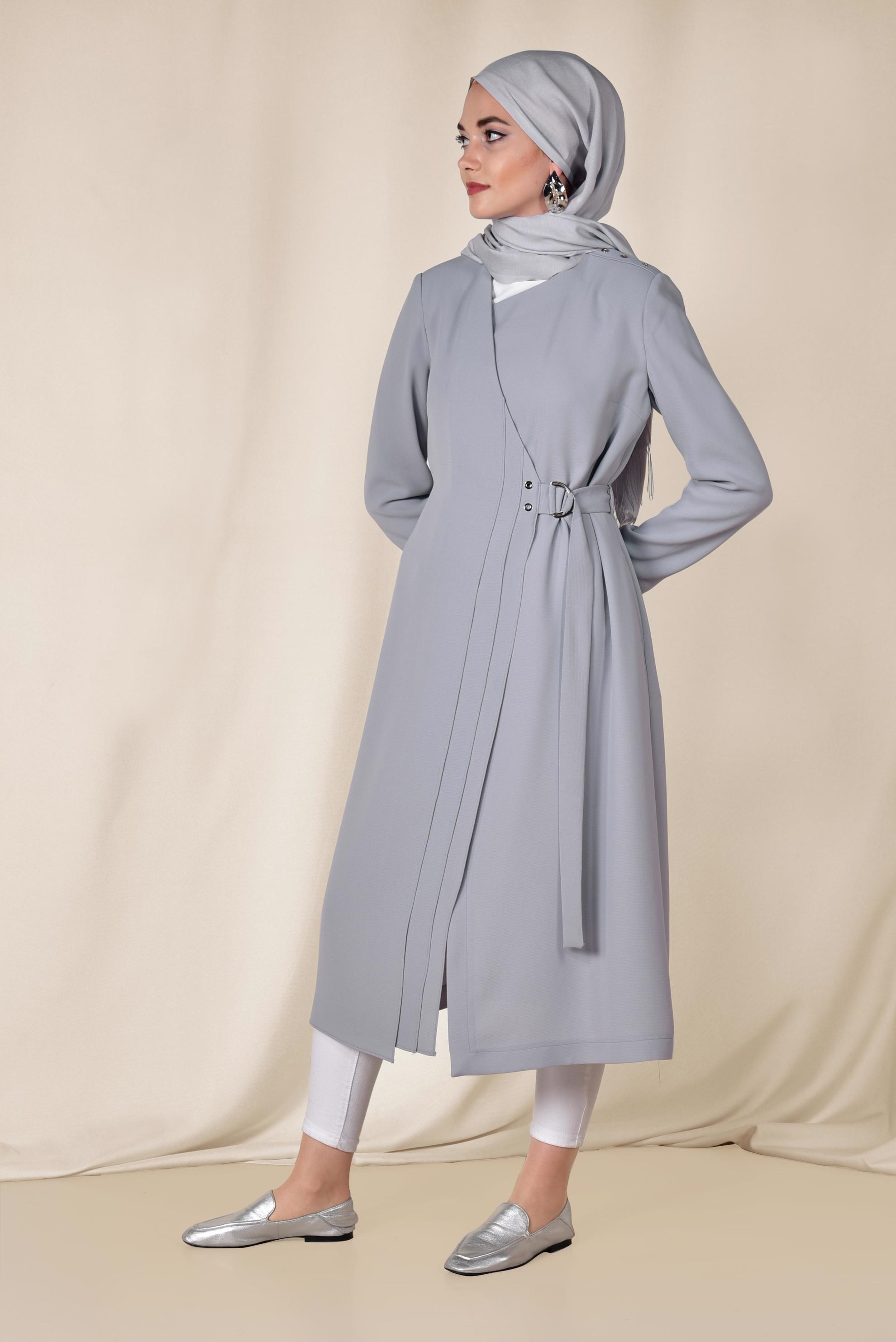 Tesettür giyim GRİ KEMERLİ KRUVAZE TRENÇKOT 1419