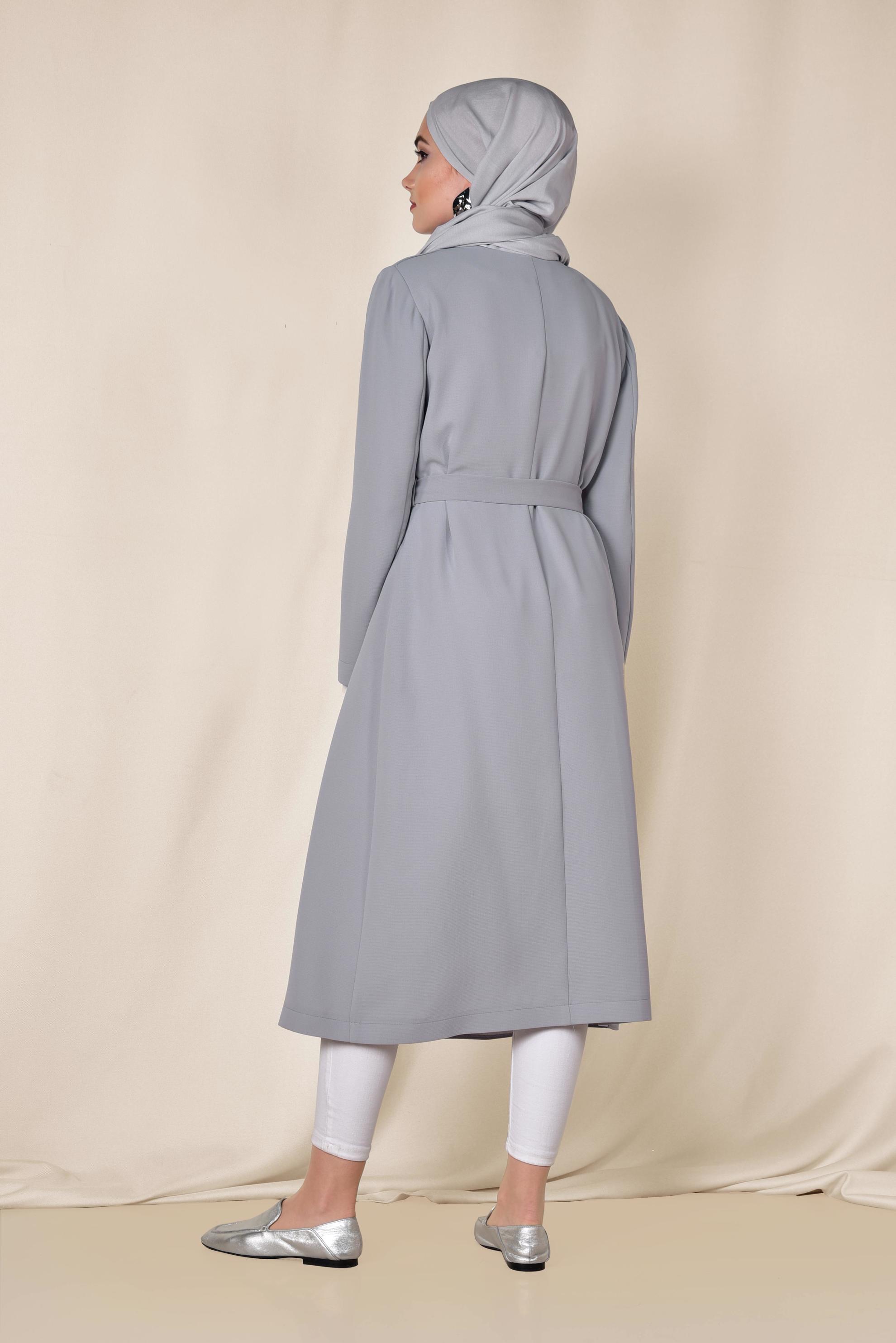 Tesettür giyim GRİ KEMERLİ KRUVAZE TRENÇKOT 1419