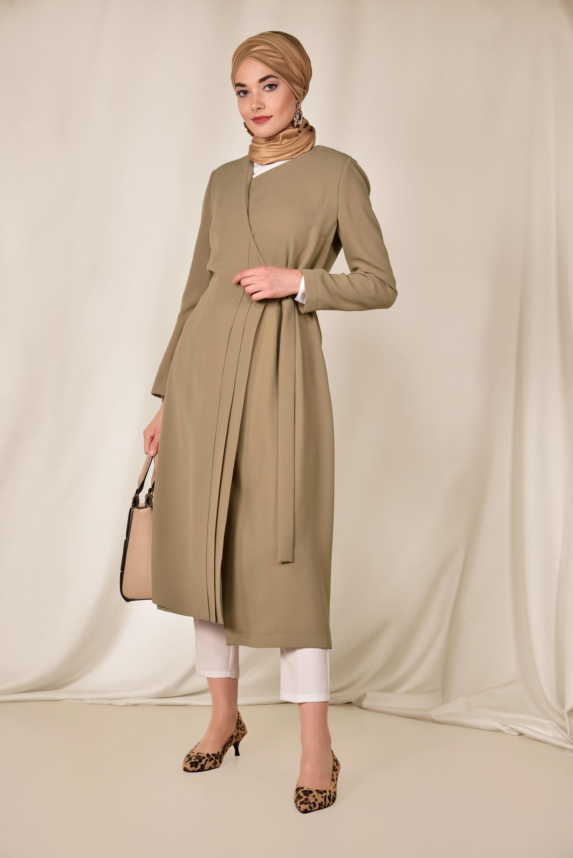 Tesettür giyim KAHVE KEMERLİ KRUVAZE TRENÇKOT 1419