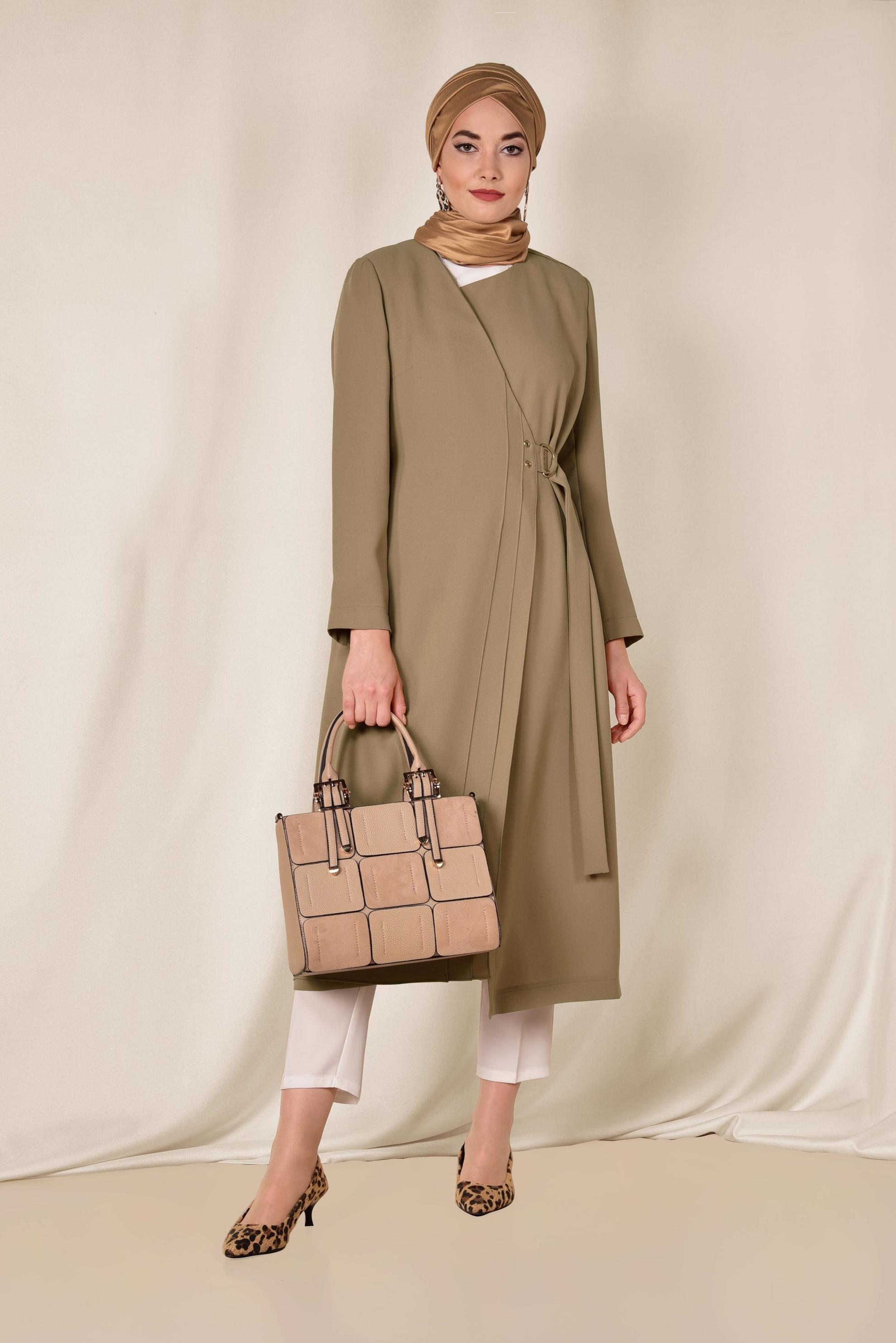 Tesettür giyim KAHVE KEMERLİ KRUVAZE TRENÇKOT 1419