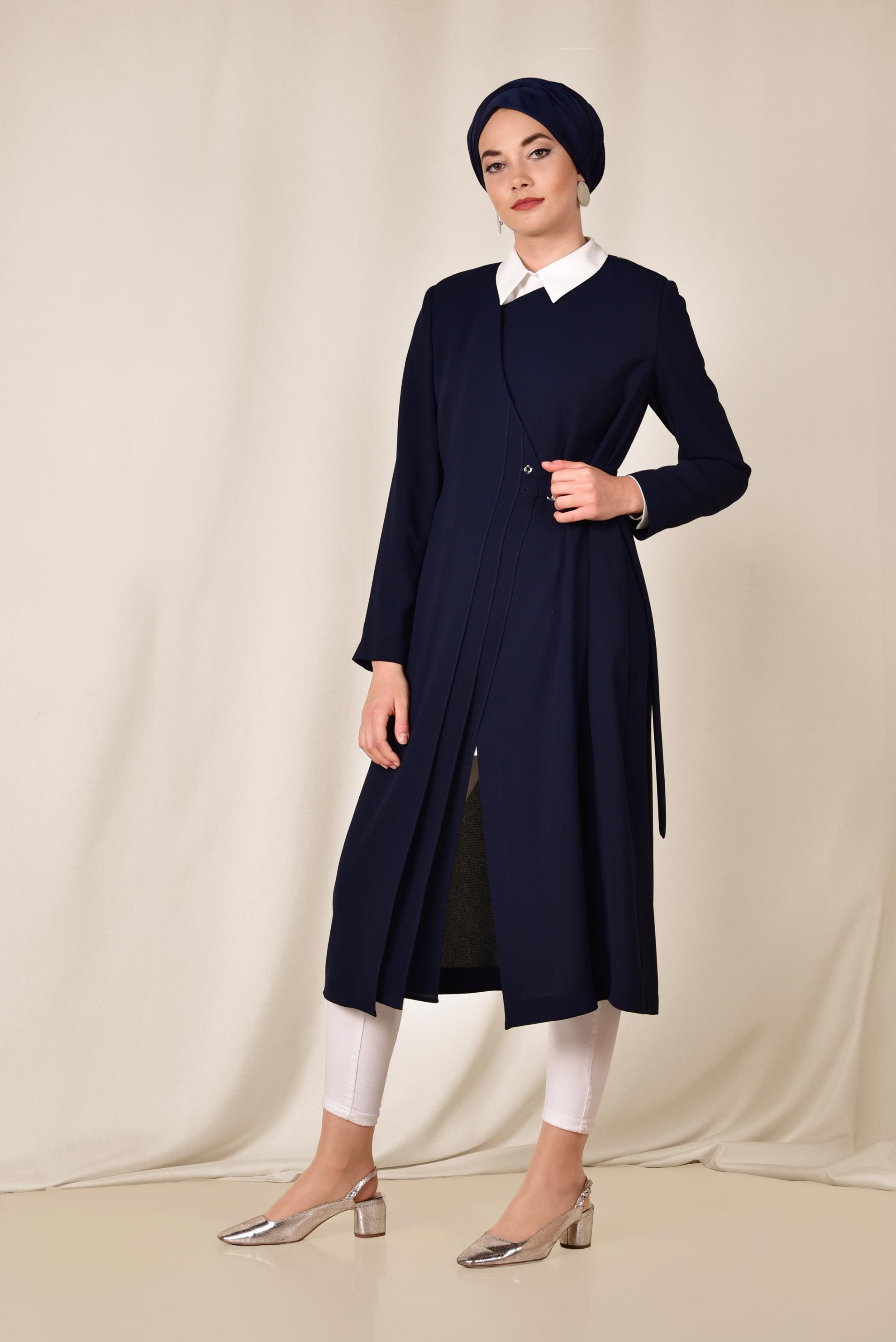 Tesettür giyim LACİVERT KEMERLİ KRUVAZE TRENÇKOT 1419