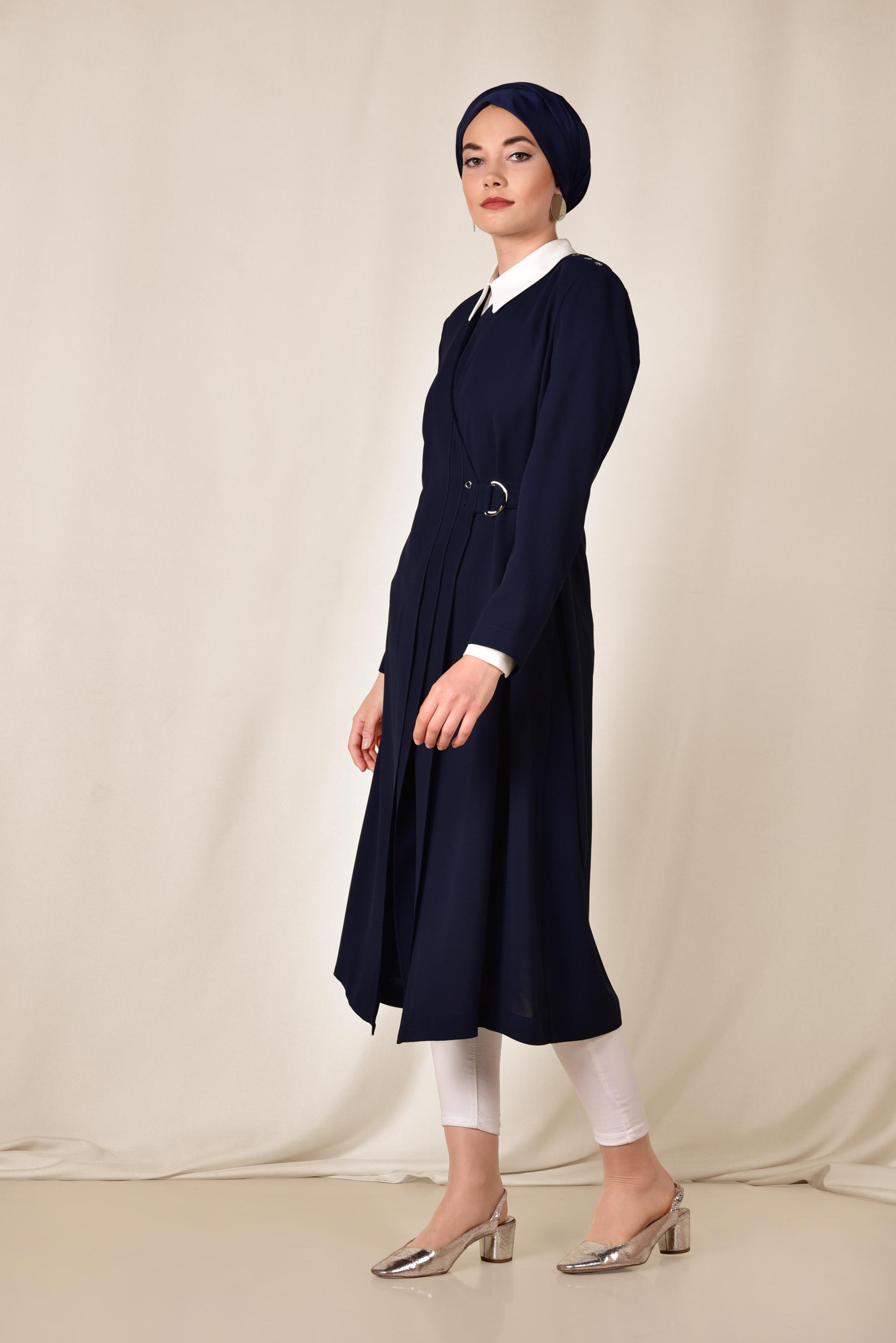 Tesettür giyim LACİVERT KEMERLİ KRUVAZE TRENÇKOT 1419