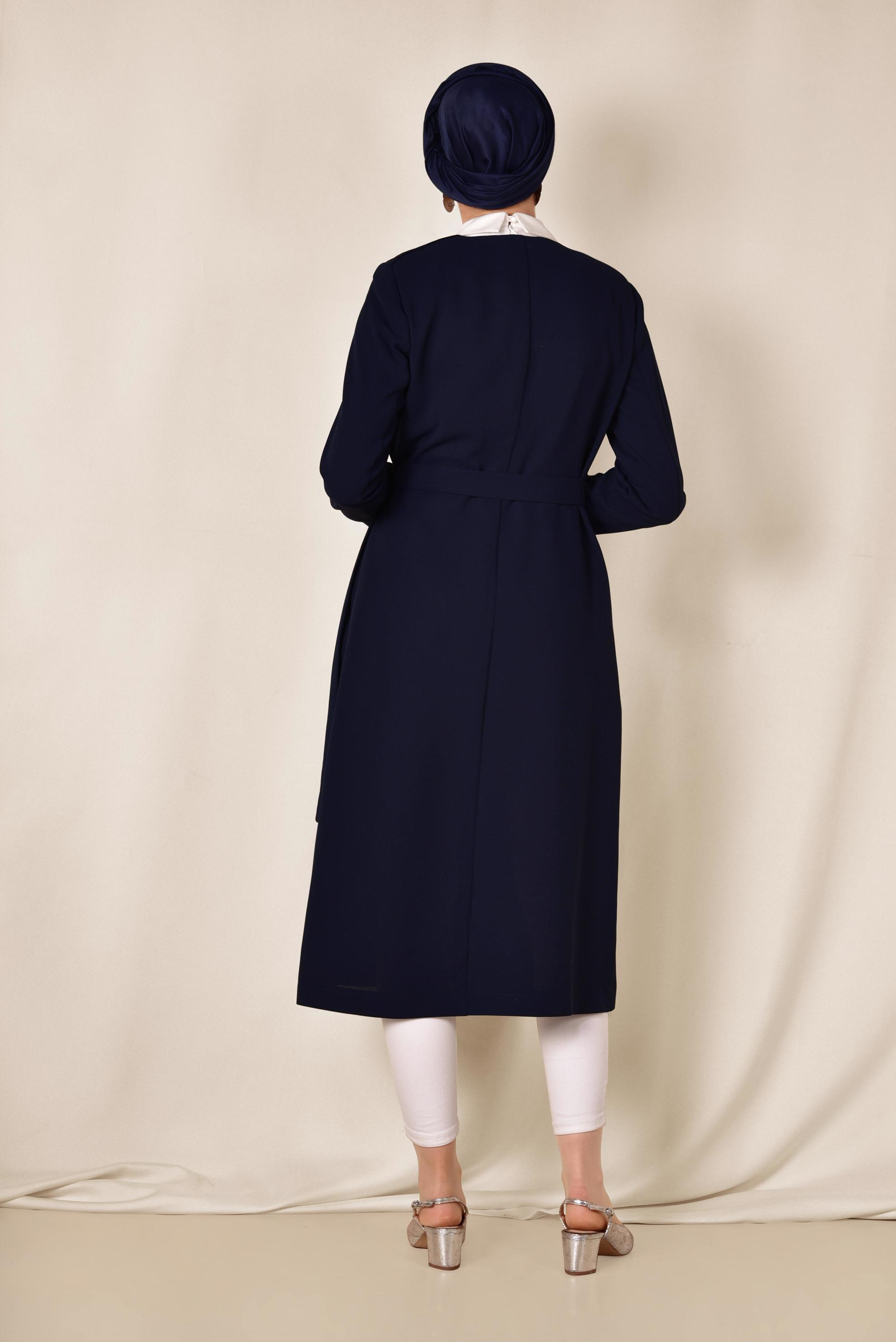 Tesettür giyim LACİVERT KEMERLİ KRUVAZE TRENÇKOT 1419