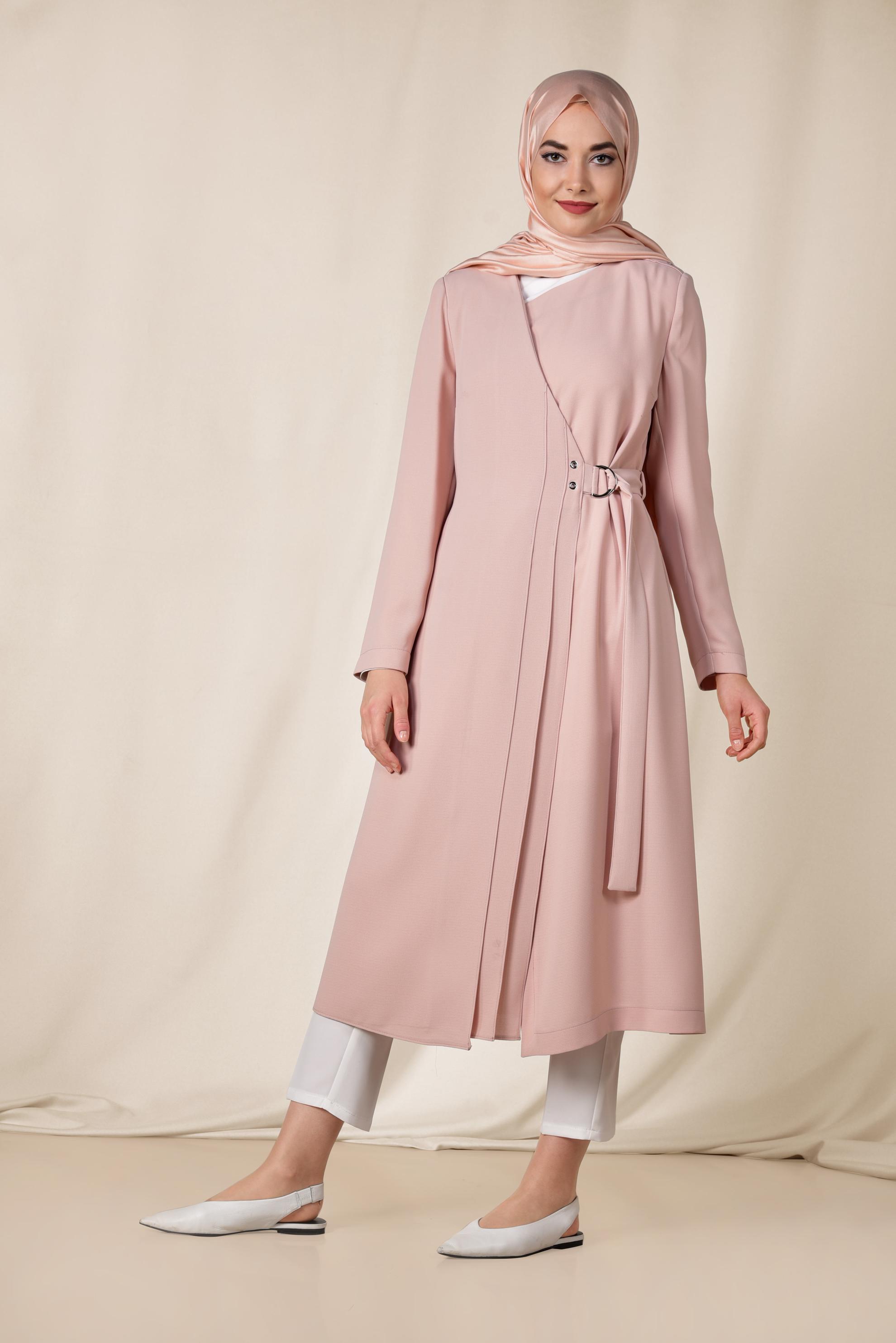 Tesettür giyim PUDRA KEMERLİ KRUVAZE TRENÇKOT 1419