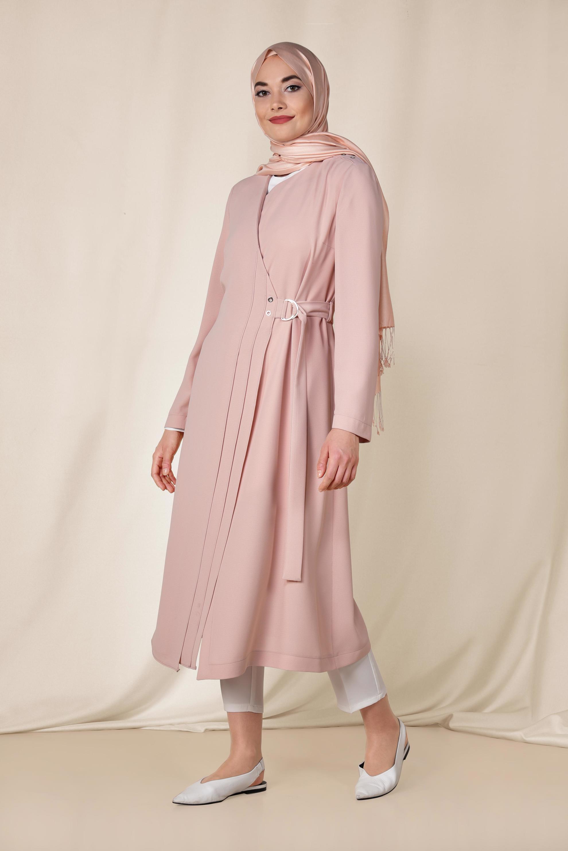 Tesettür giyim PUDRA KEMERLİ KRUVAZE TRENÇKOT 1419