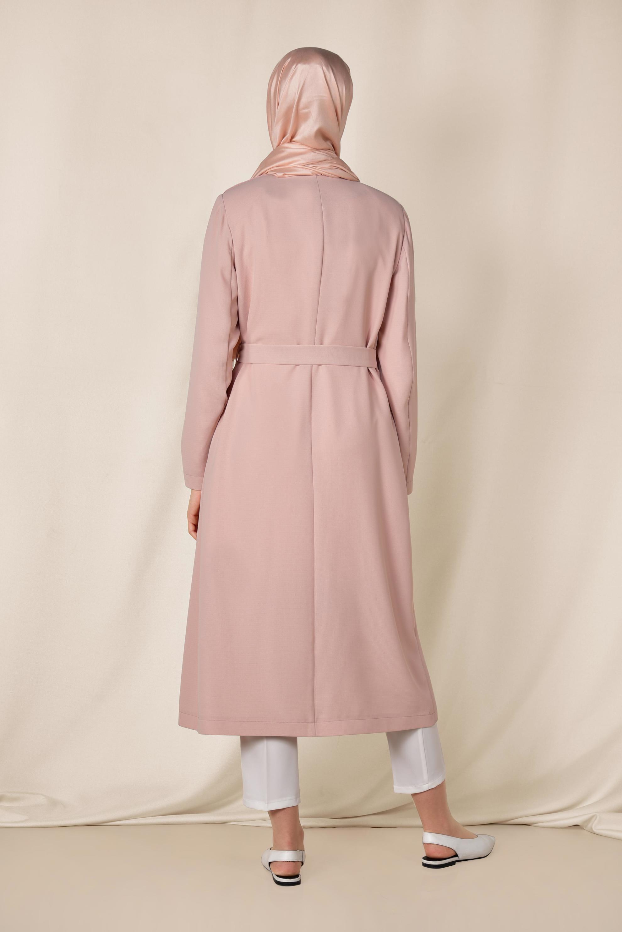 Tesettür giyim PUDRA KEMERLİ KRUVAZE TRENÇKOT 1419