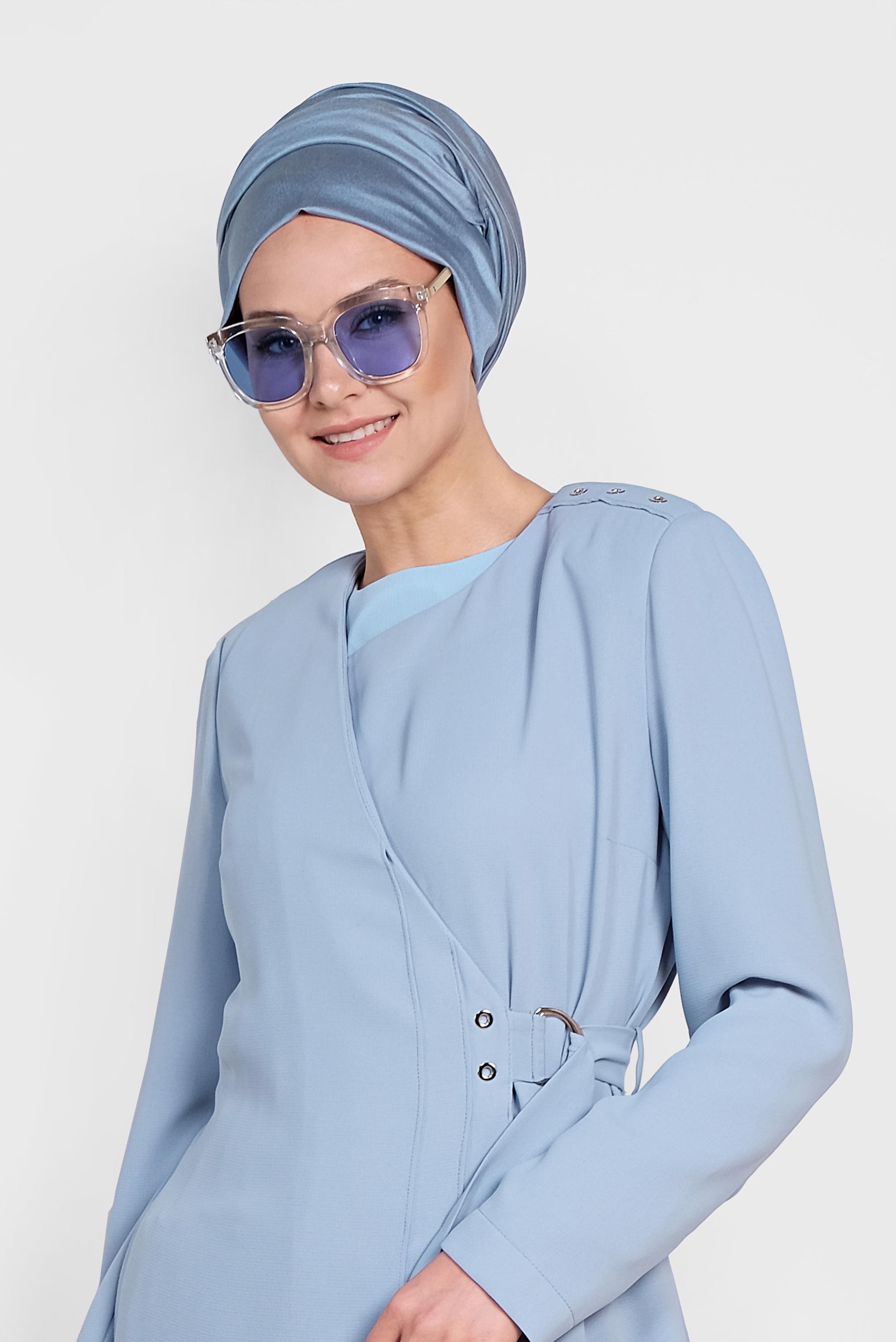 Tesettür giyim MAVİ KEMERLİ KRUVAZE TRENÇKOT 1419