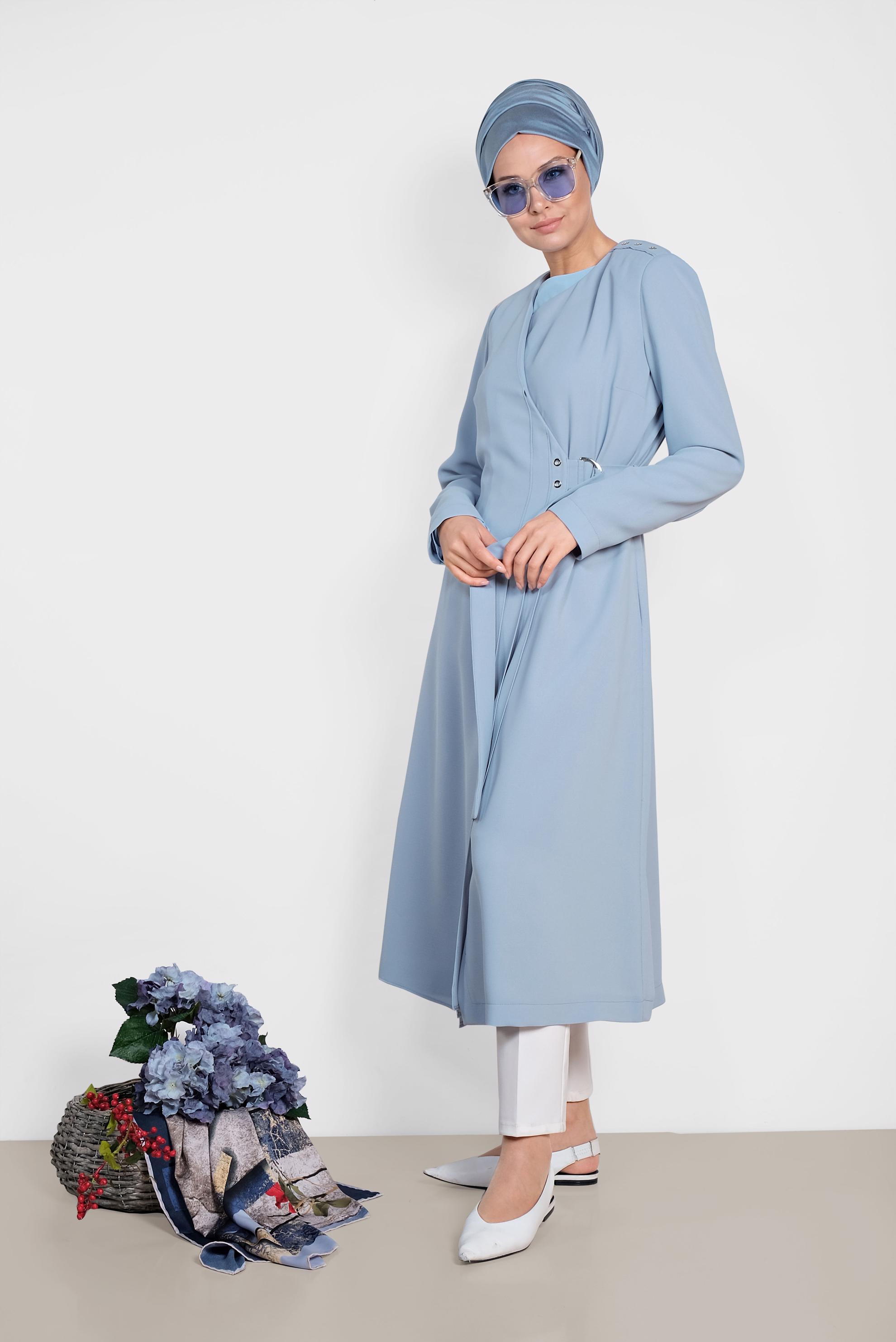 Tesettür giyim MAVİ KEMERLİ KRUVAZE TRENÇKOT 1419