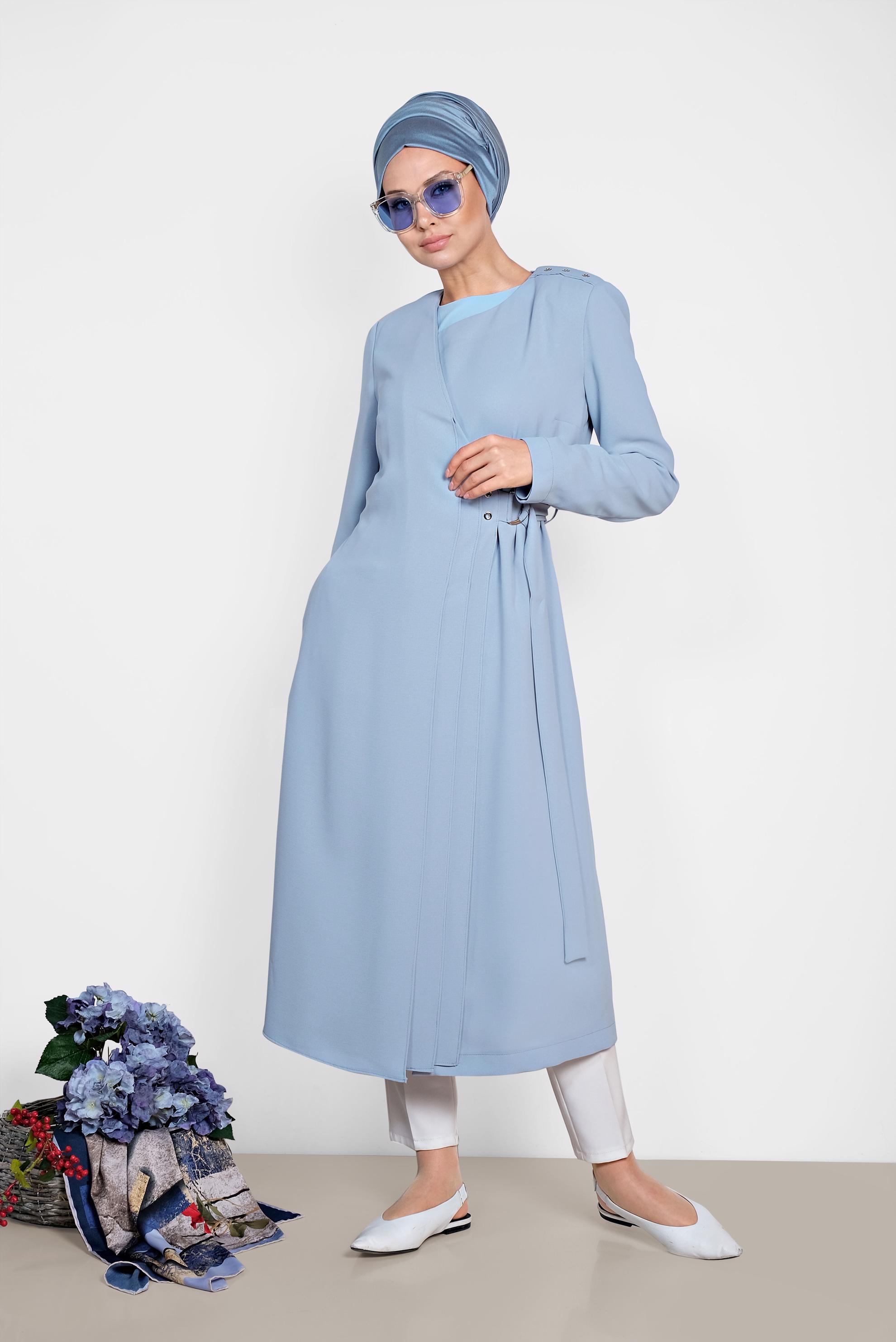 Tesettür giyim MAVİ KEMERLİ KRUVAZE TRENÇKOT 1419