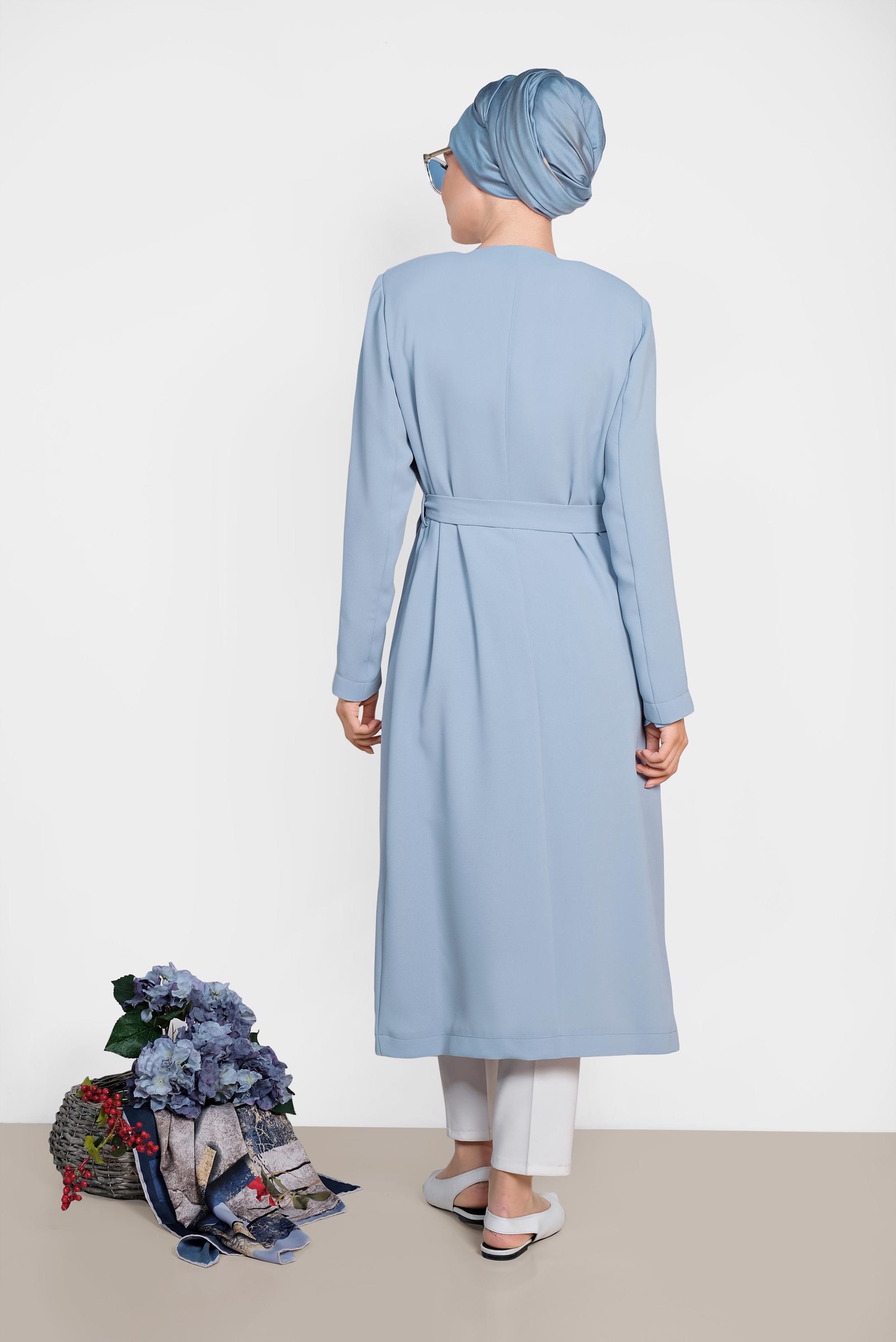 Tesettür giyim MAVİ KEMERLİ KRUVAZE TRENÇKOT 1419