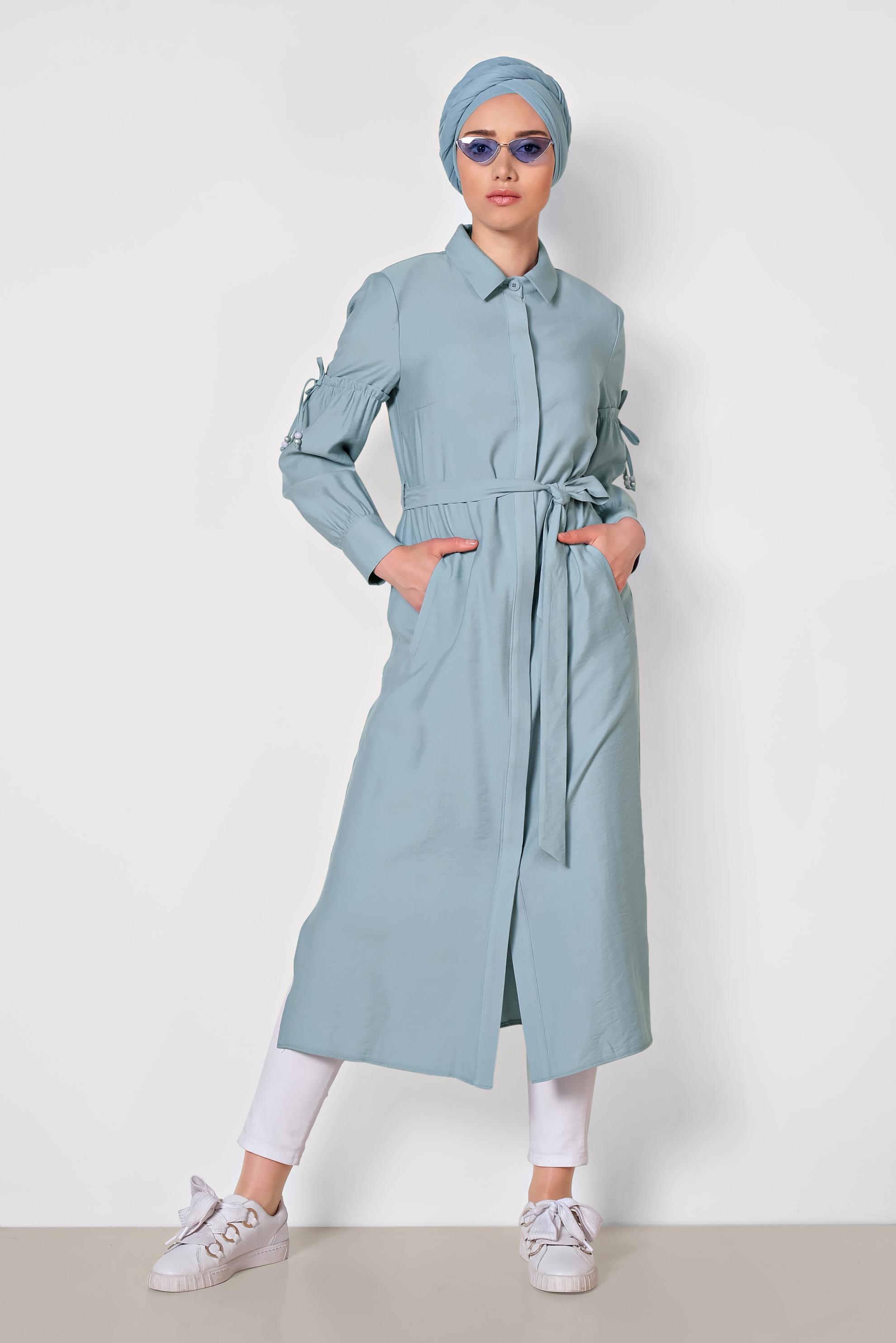 Tesettür giyim MAVİ GÖMLEK YAKA TRENÇKOT 1426