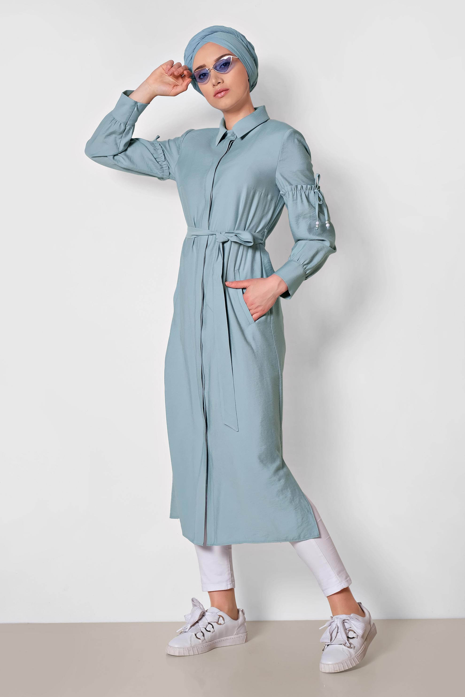 Tesettür giyim MAVİ GÖMLEK YAKA TRENÇKOT 1426