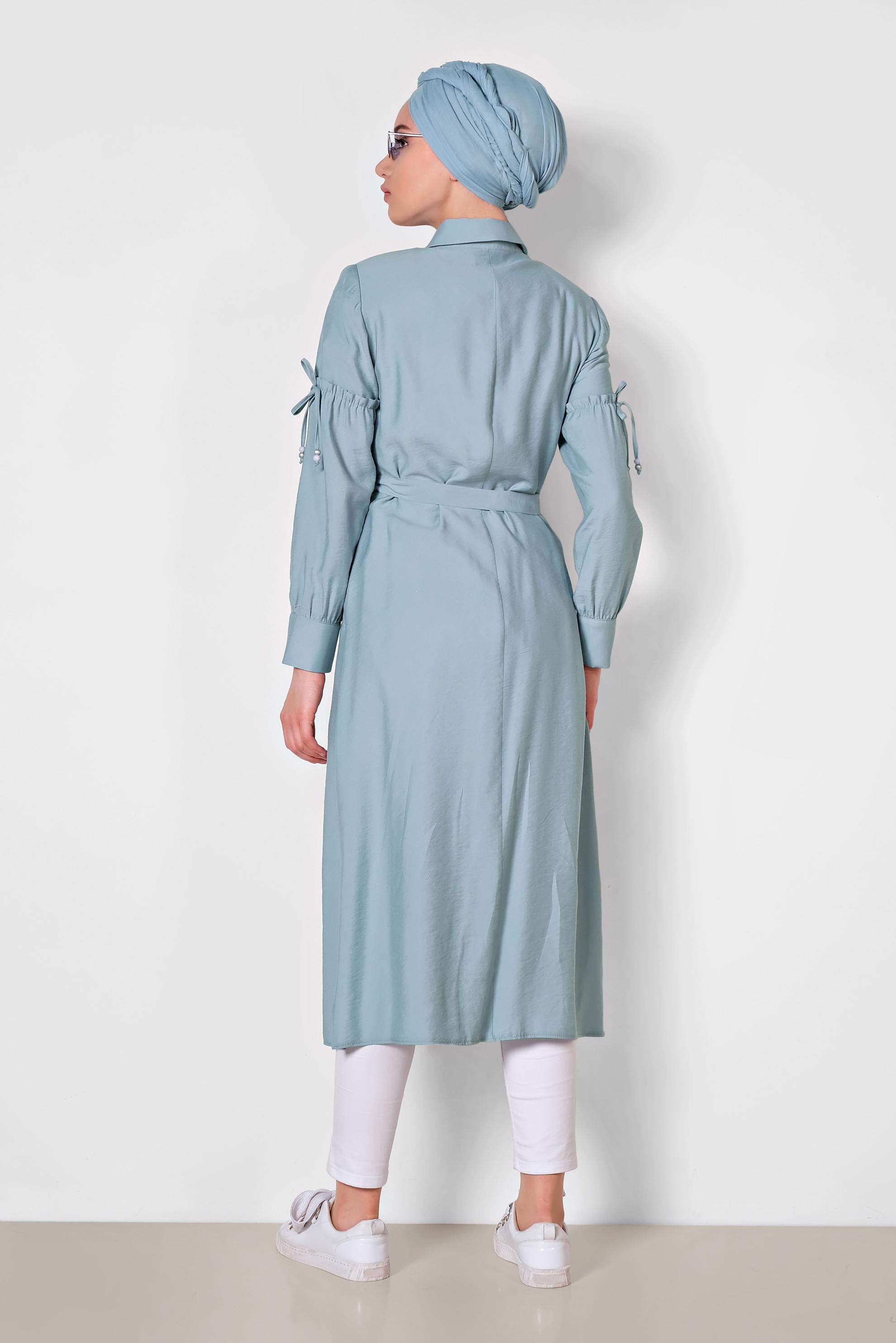 Tesettür giyim MAVİ GÖMLEK YAKA TRENÇKOT 1426