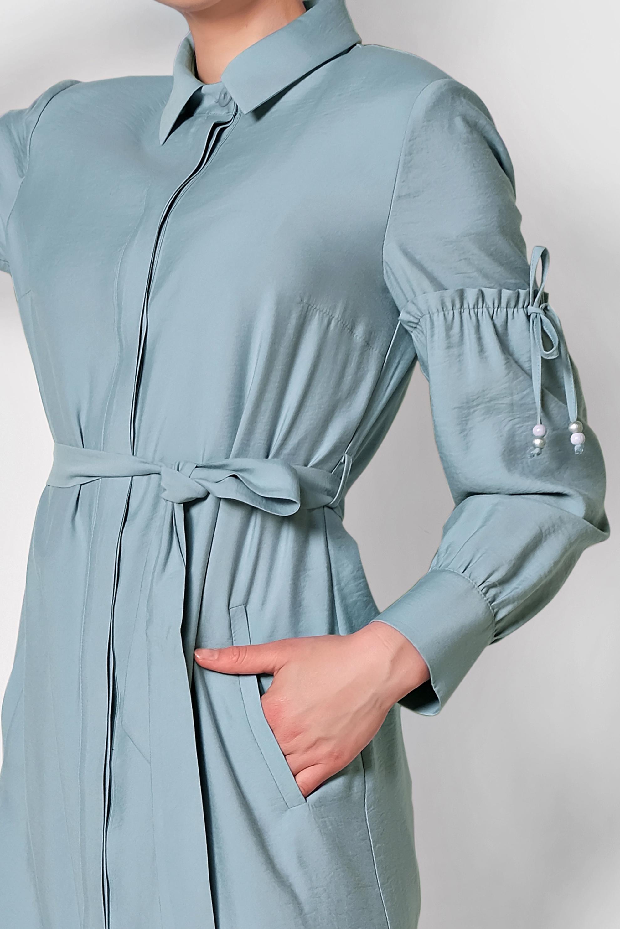 Tesettür giyim MAVİ GÖMLEK YAKA TRENÇKOT 1426