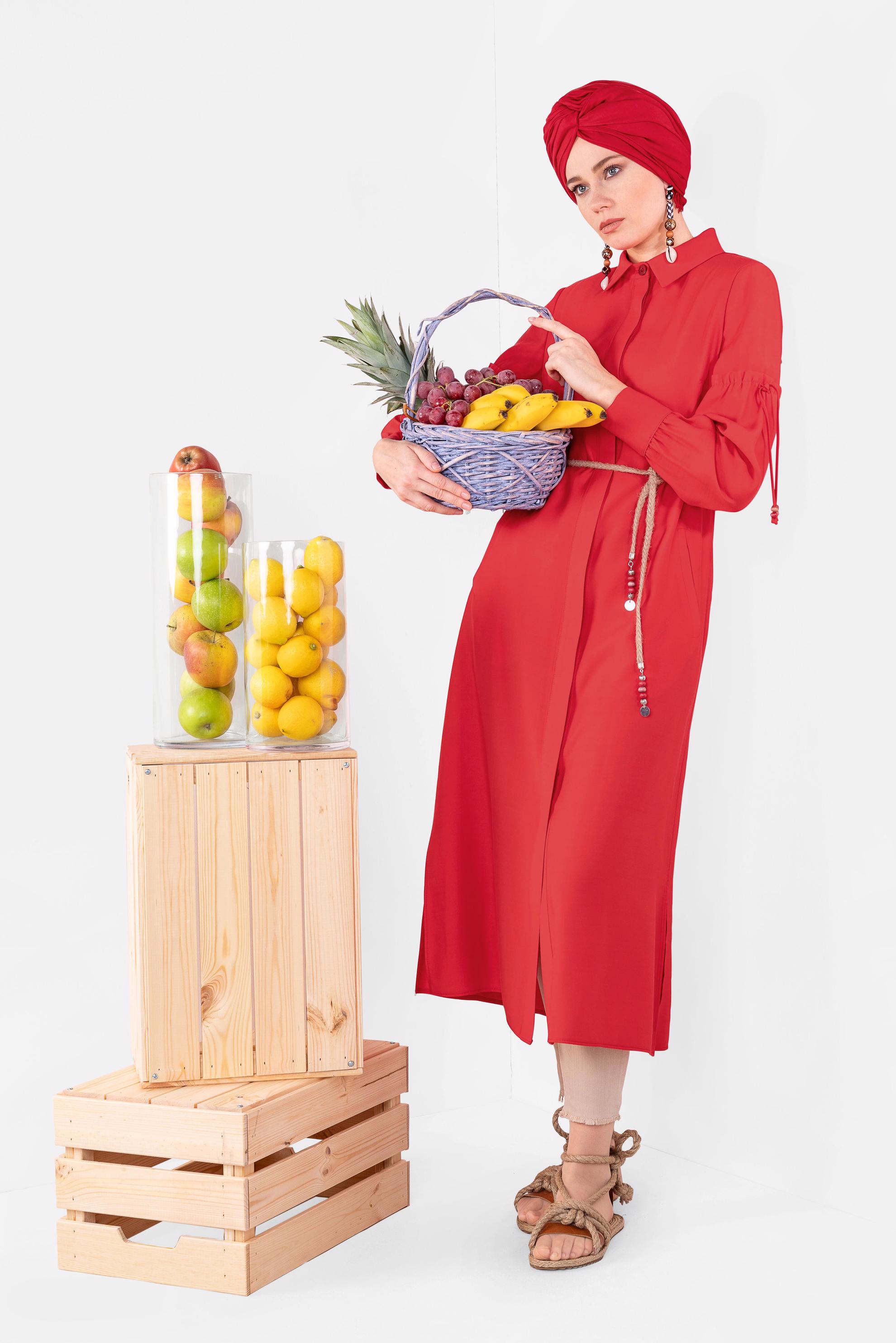 Tesettür giyim KIRMIZI GÖMLEK YAKA TRENÇKOT 1426