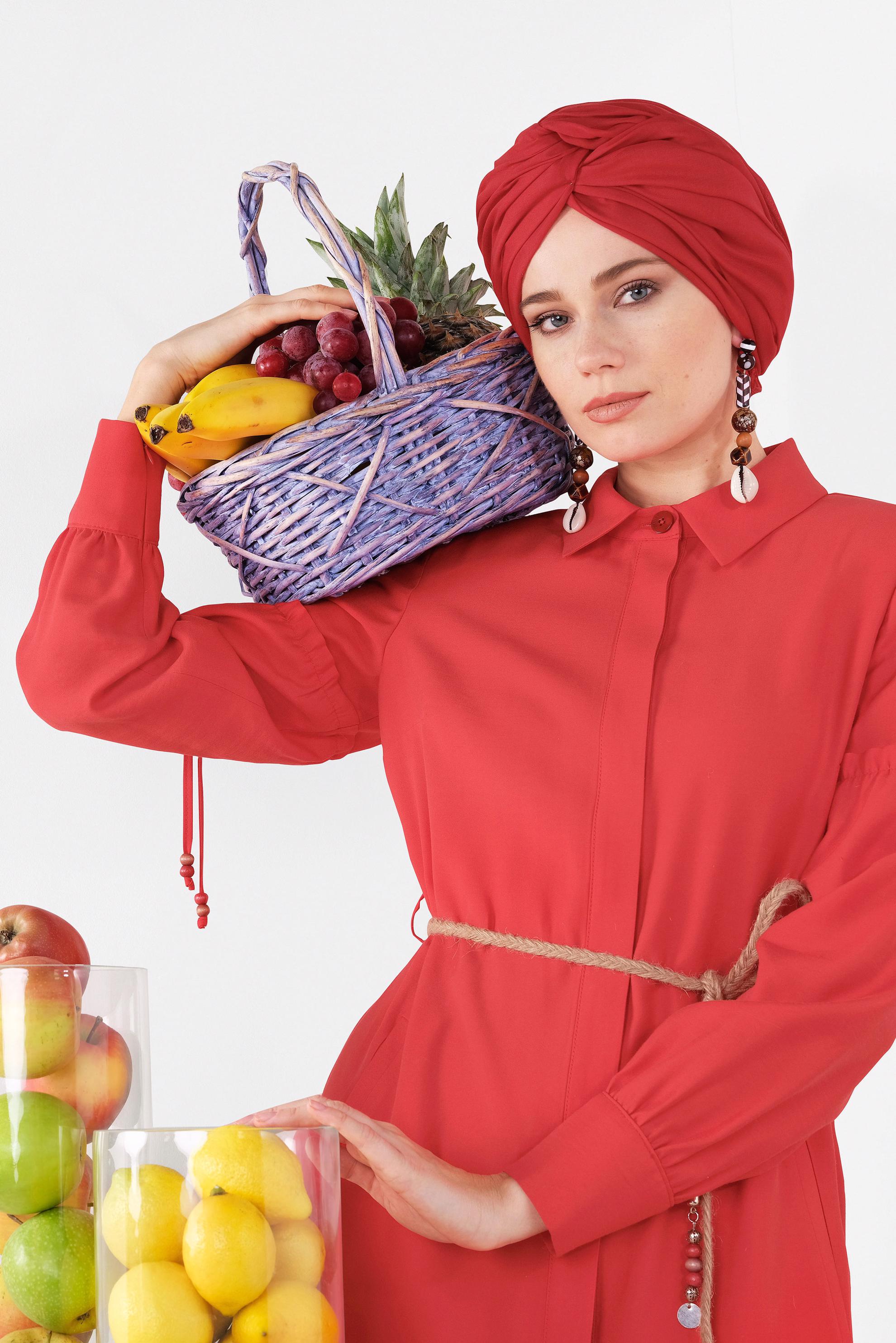 Tesettür giyim KIRMIZI GÖMLEK YAKA TRENÇKOT 1426