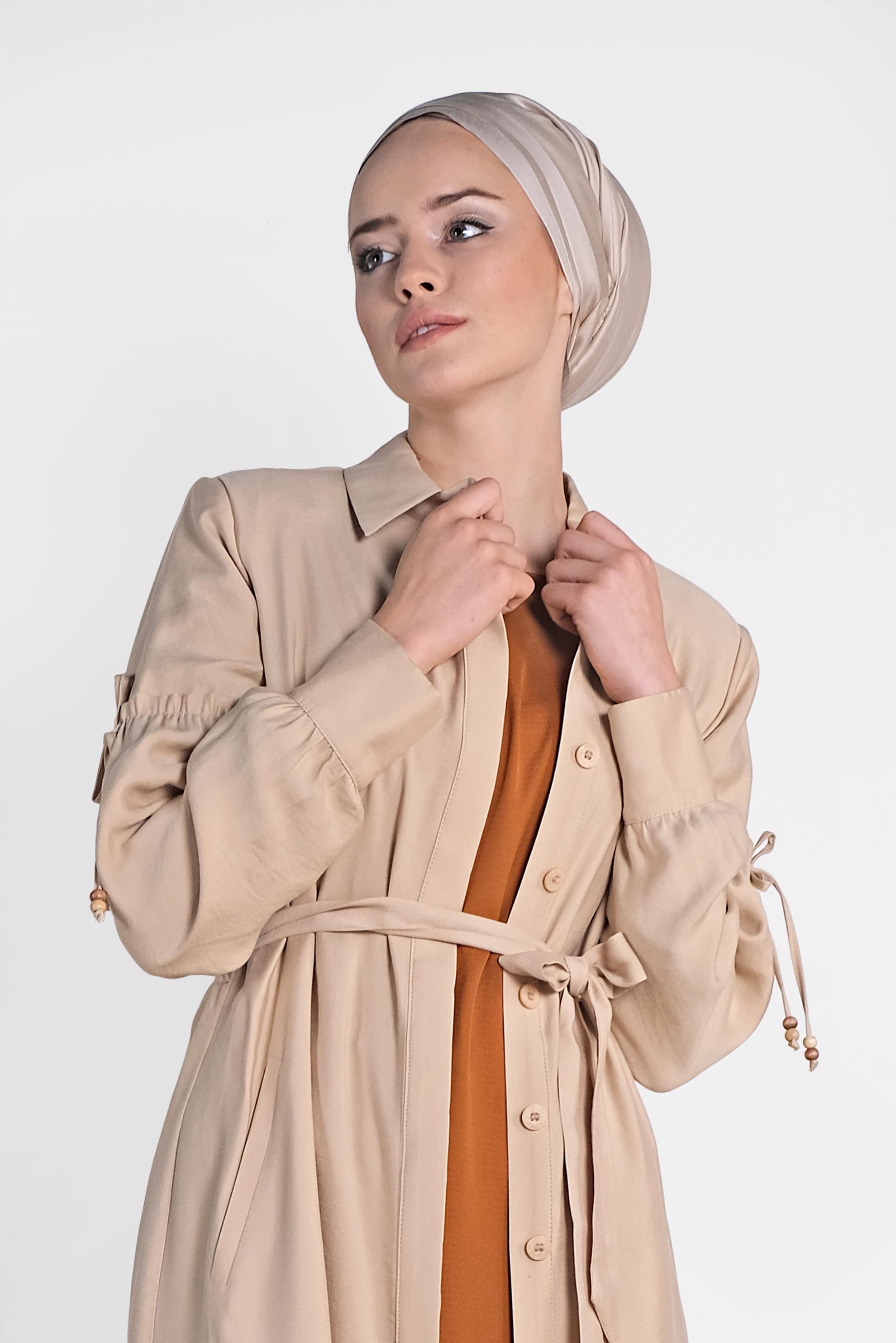 Tesettür giyim BEJ GÖMLEK YAKA TRENÇKOT 1426